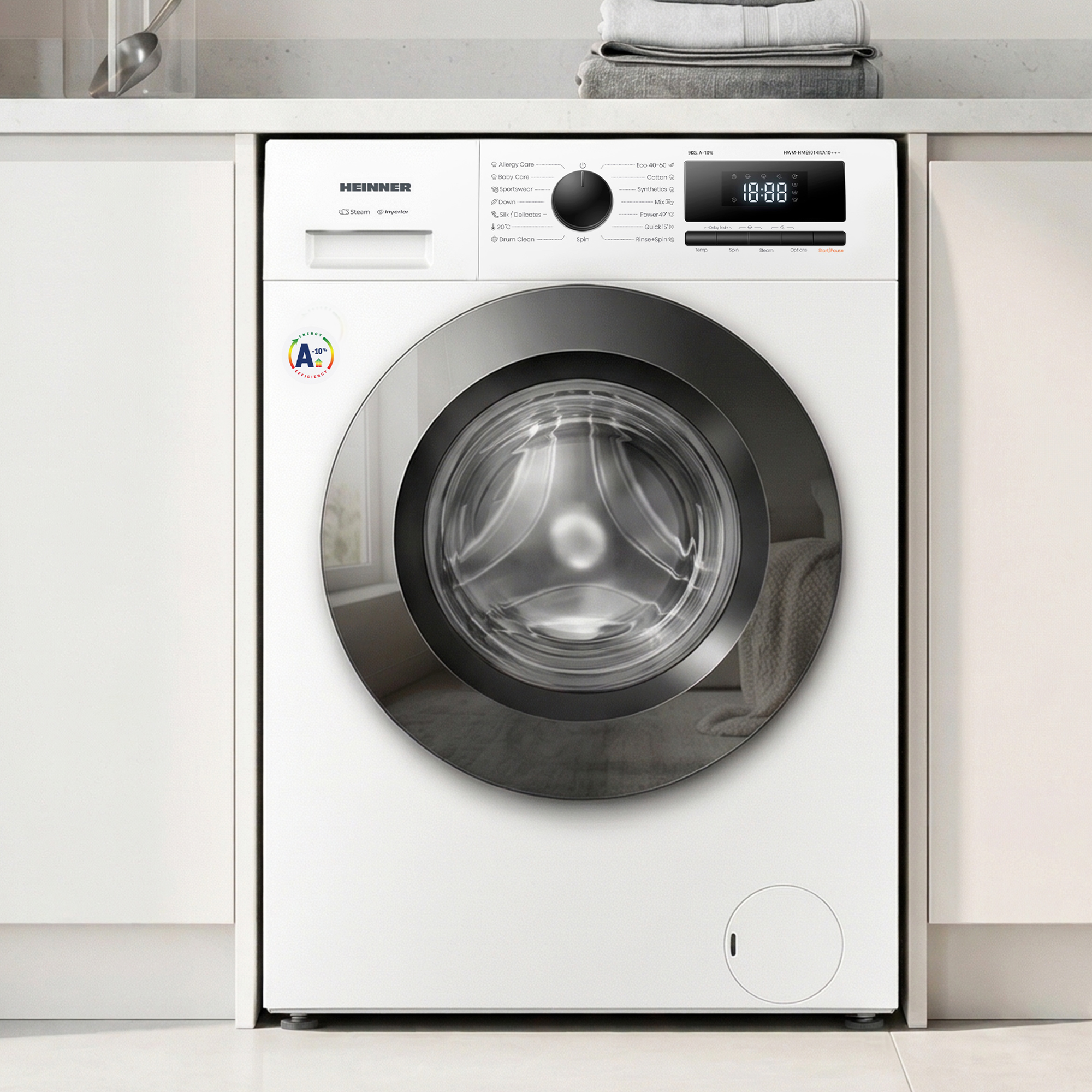 A white washing machine with a silver porthole and control panel.