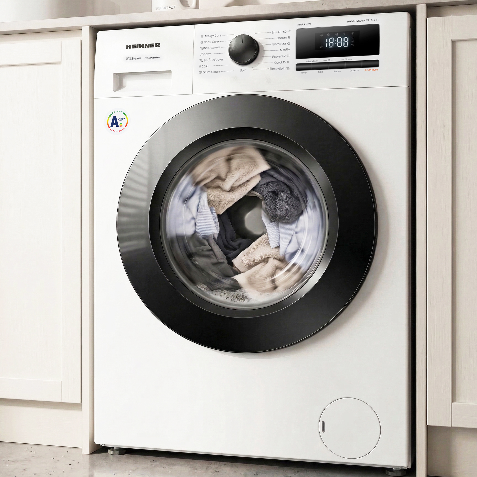 A white washing machine with a black door, filled with clothes. Energy efficiency label shown.