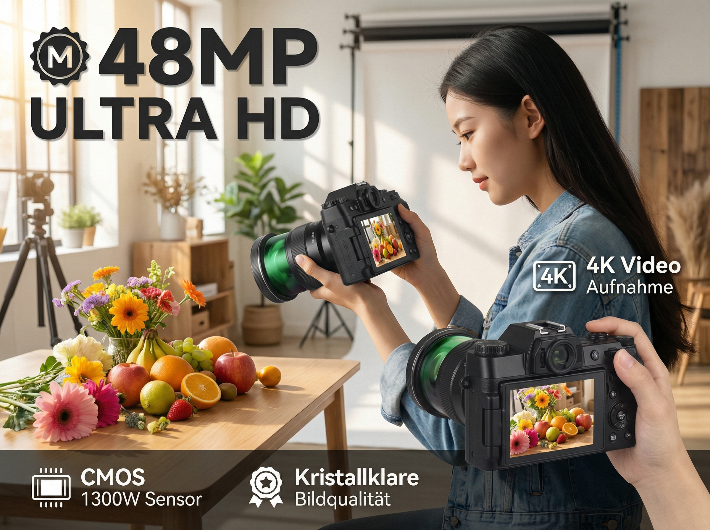 Eine Frau hält eine 48MP-Kamera, die einen Obstkorb fotografiert. 4K-Videoaufnahme.