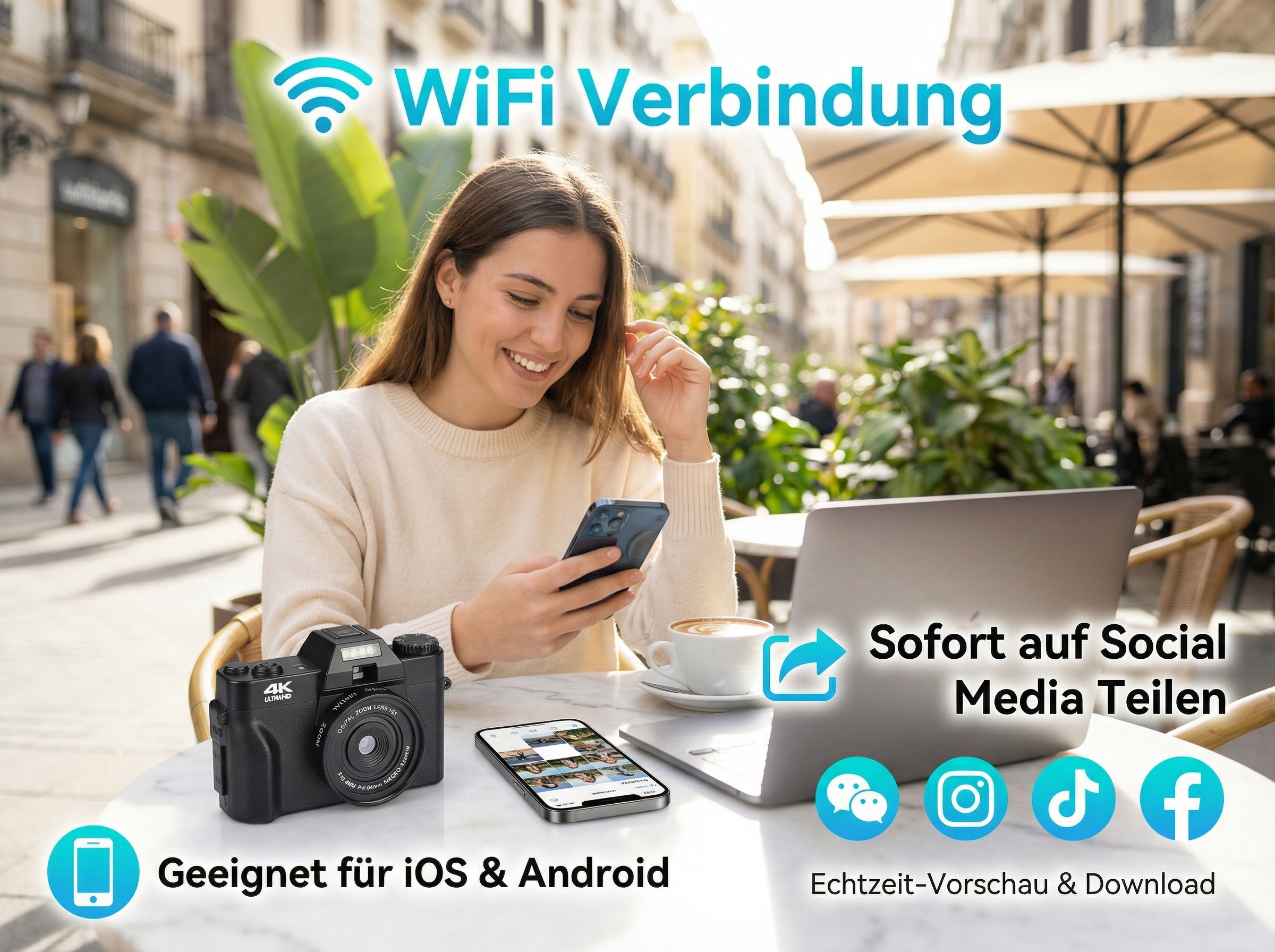 Frau mit Handy und Kamera in einem Café. WiFi-Verbindung, Social Media teilen.