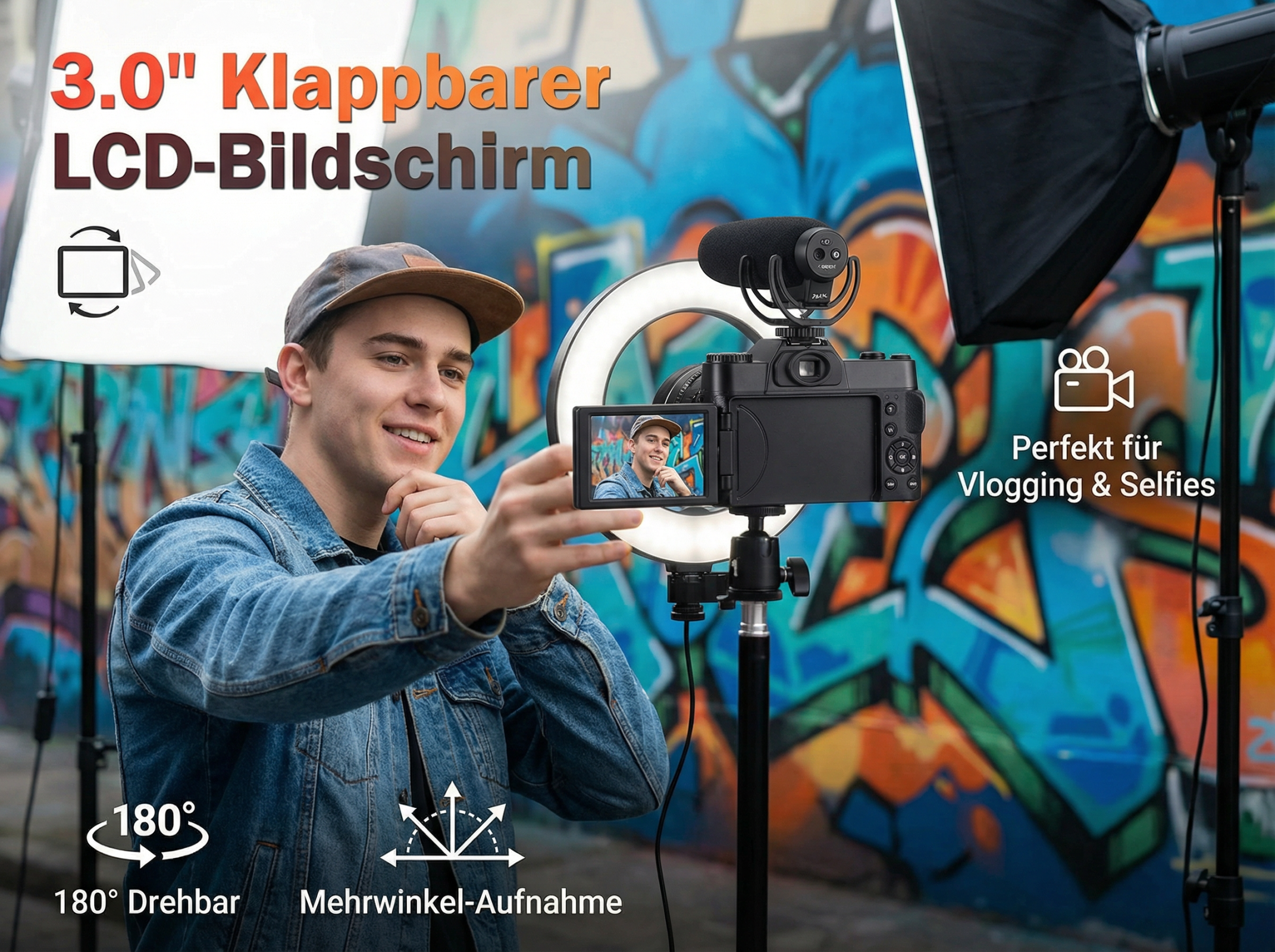 Ein Mann mit Jeansjacke und Kappe filmt sich mit einer Kamera und Ringlicht.