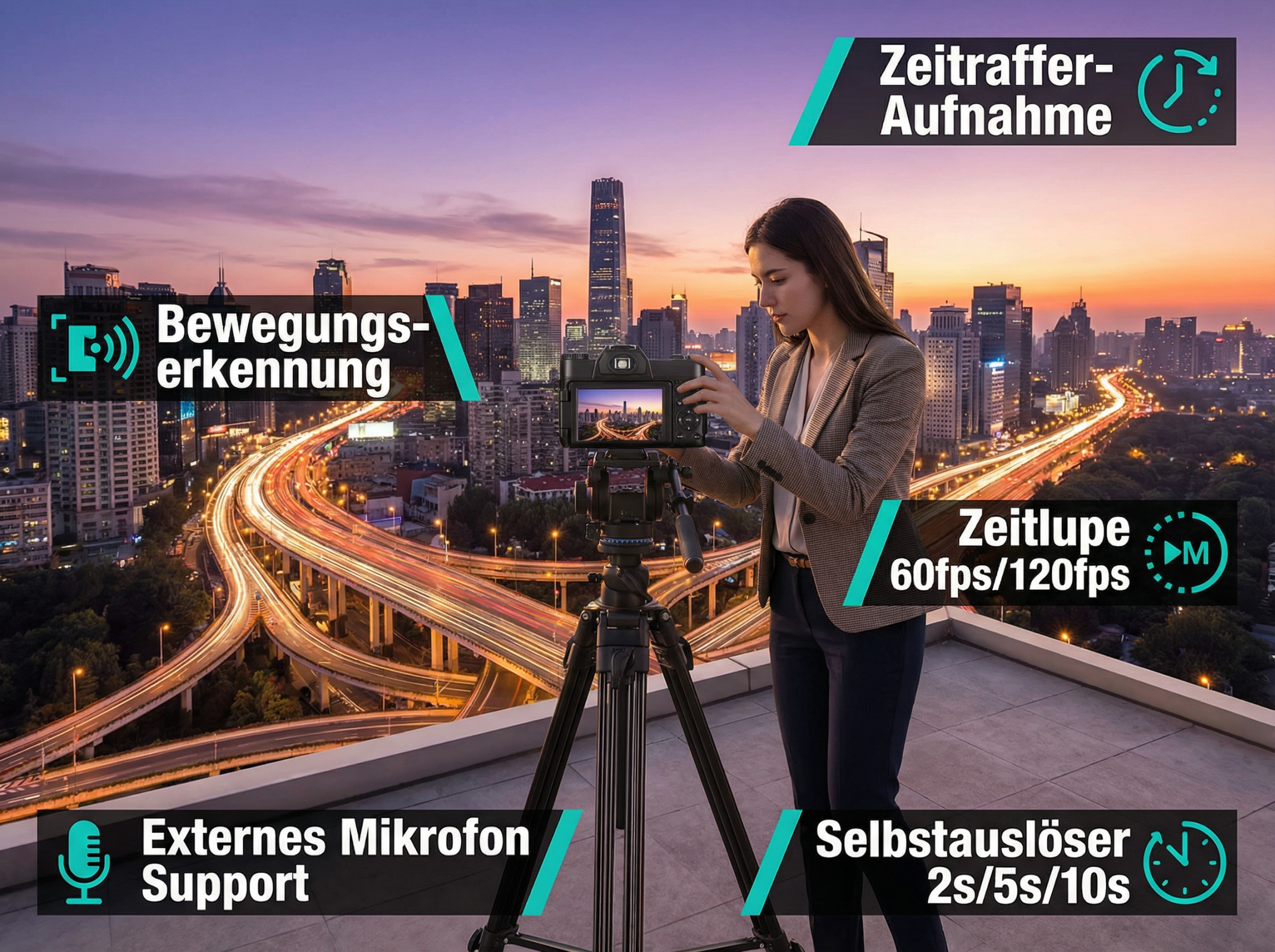 Frau filmt Skyline bei Nacht mit Kamera auf Stativ. Funktionen: Zeitraffer, Zeitlupe, Bewegungserkennung.