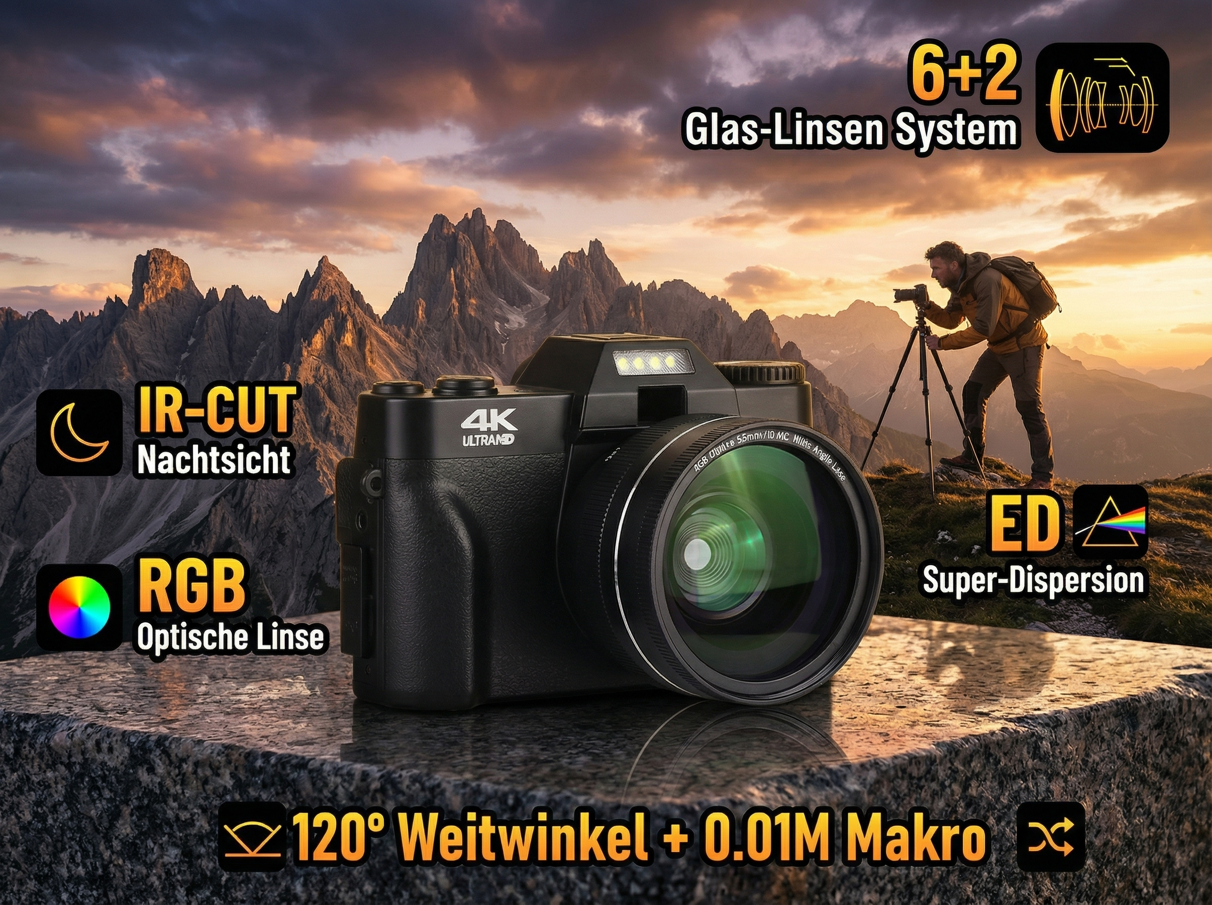 Digitalkamera mit Berglandschaft und Fotograf im Hintergrund. Linsen und Funktionen werden angezeigt.