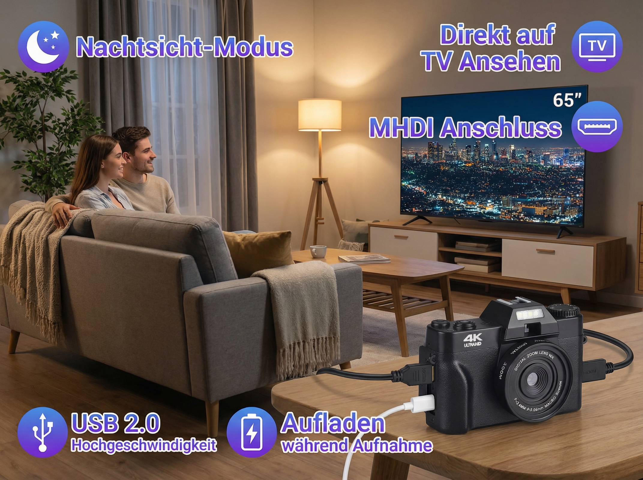 Ein Paar schaut fern. Kamera angeschlossen. Nachtsicht-Modus, USB 2.0, Aufladen.