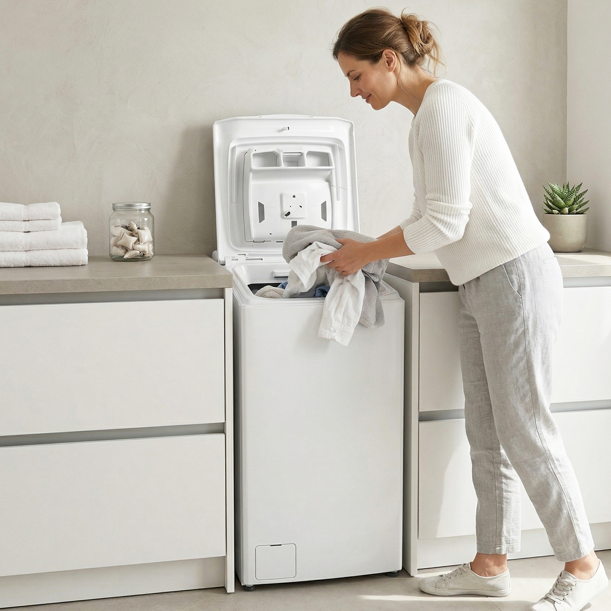 Eine Frau legt Kleidung in eine weiße Waschmaschine.