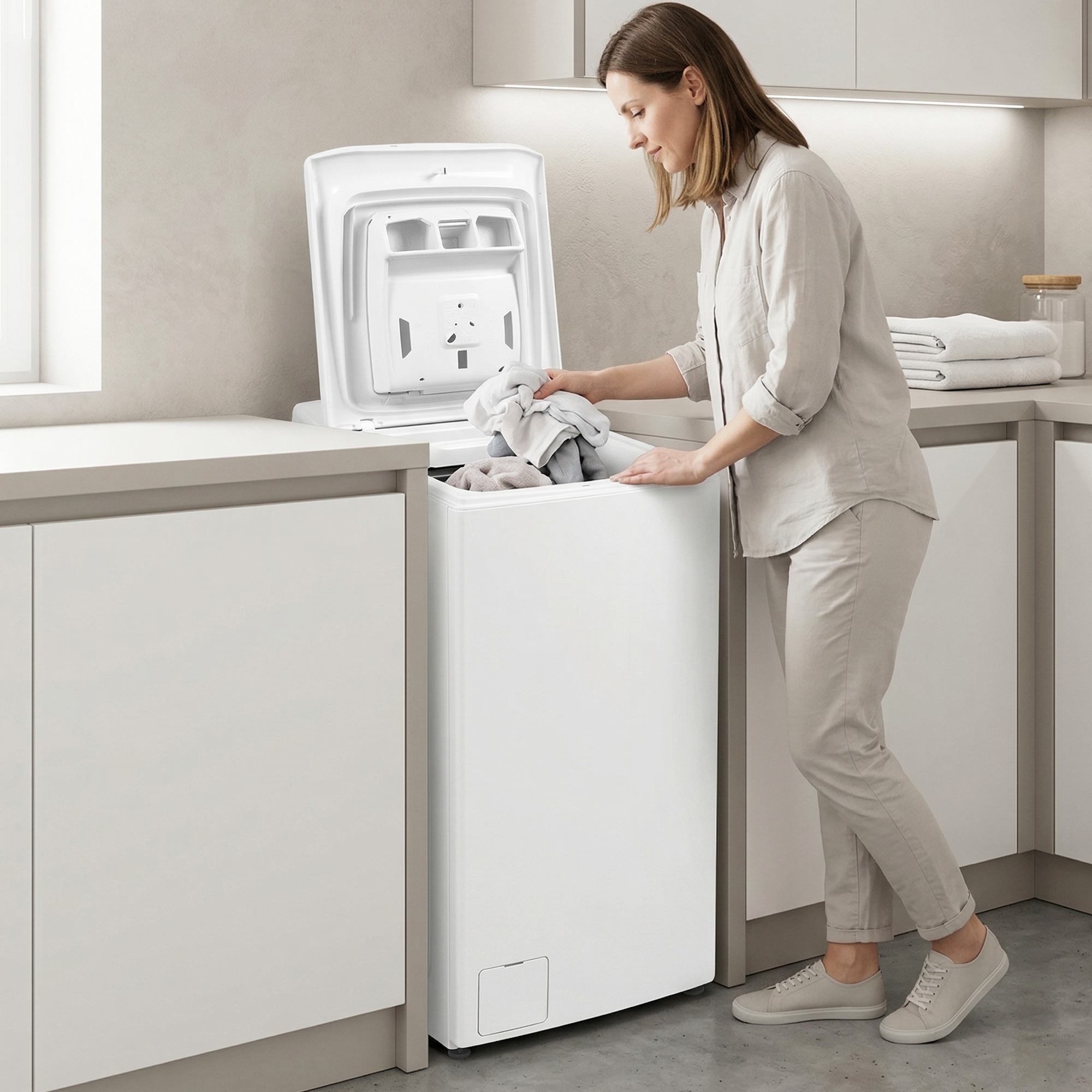 Eine Frau lädt Wäsche in eine weiße Toplader-Waschmaschine.