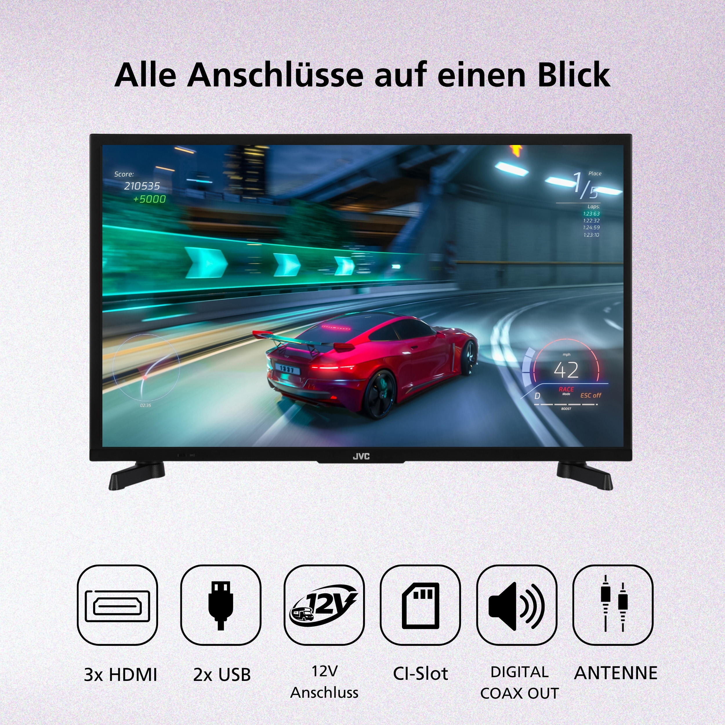 Ein rotes Rennauto fährt auf einer Straße, mit Anschlusssymbolen darunter.
