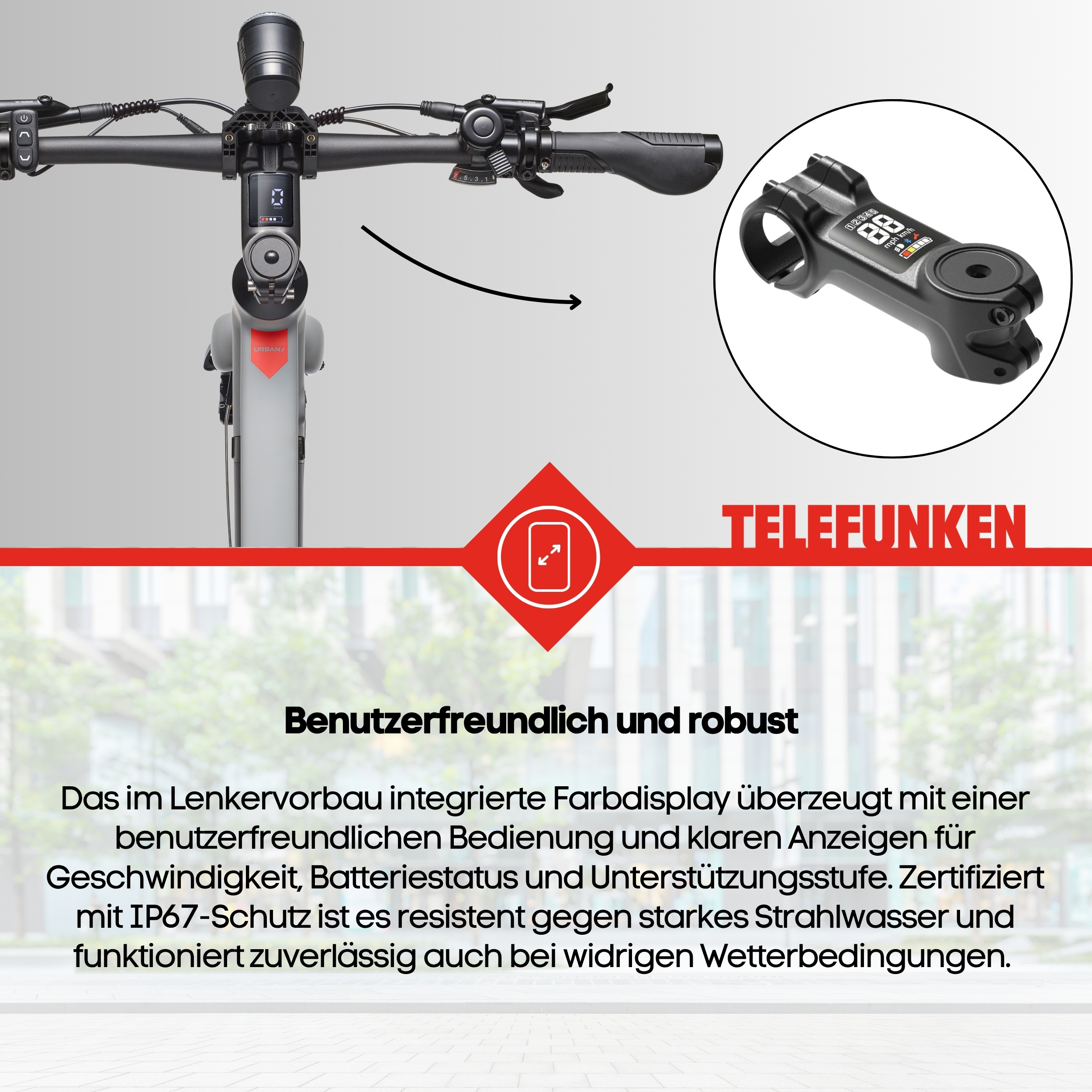 Lenker eines E-Scooters mit Farbdisplay, Bremsen und Gangschaltung.