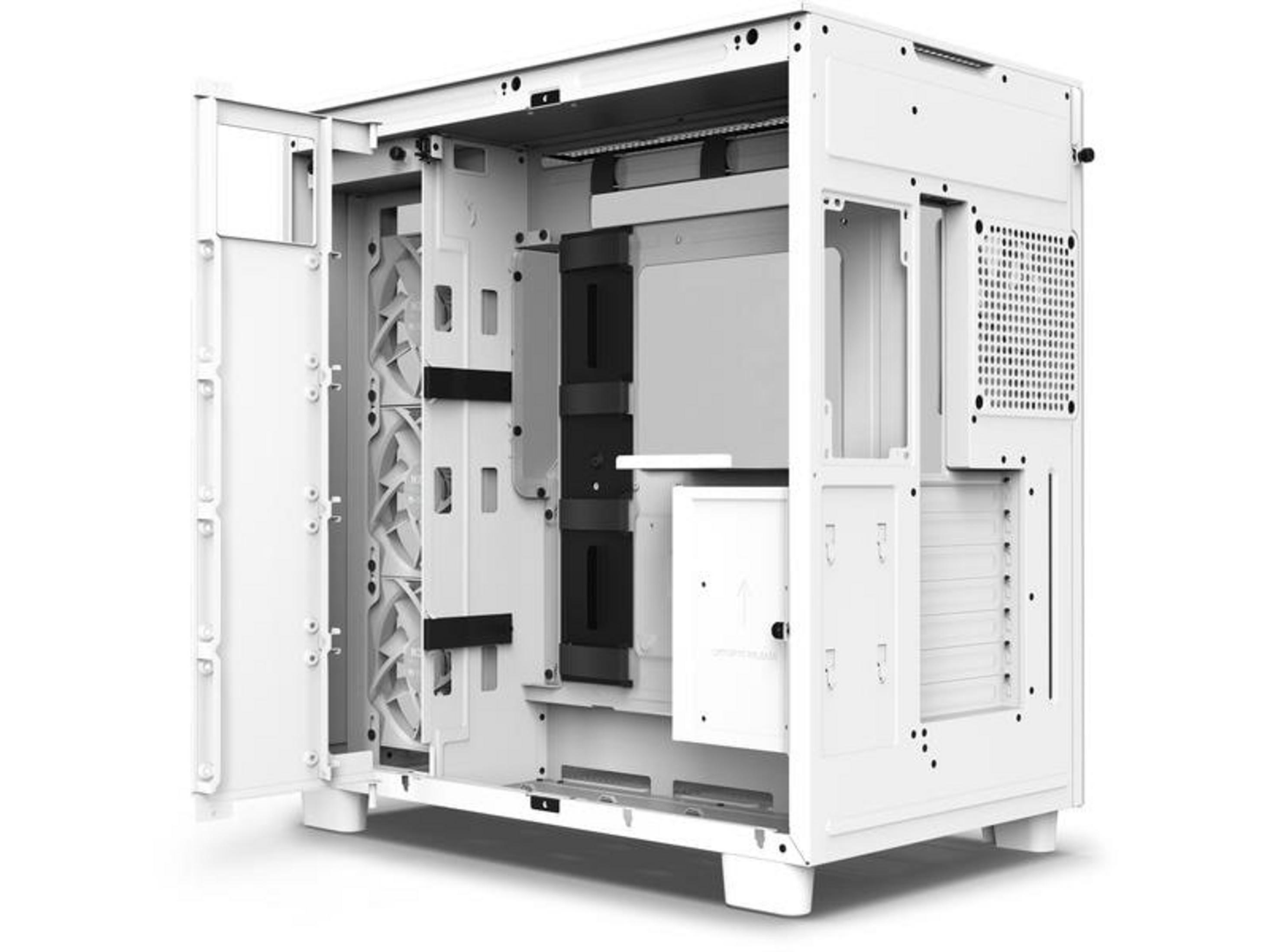 Ein weißes Computergehäuse mit geöffneten Türen, Lüftern und Kabelmanagement-Optionen.