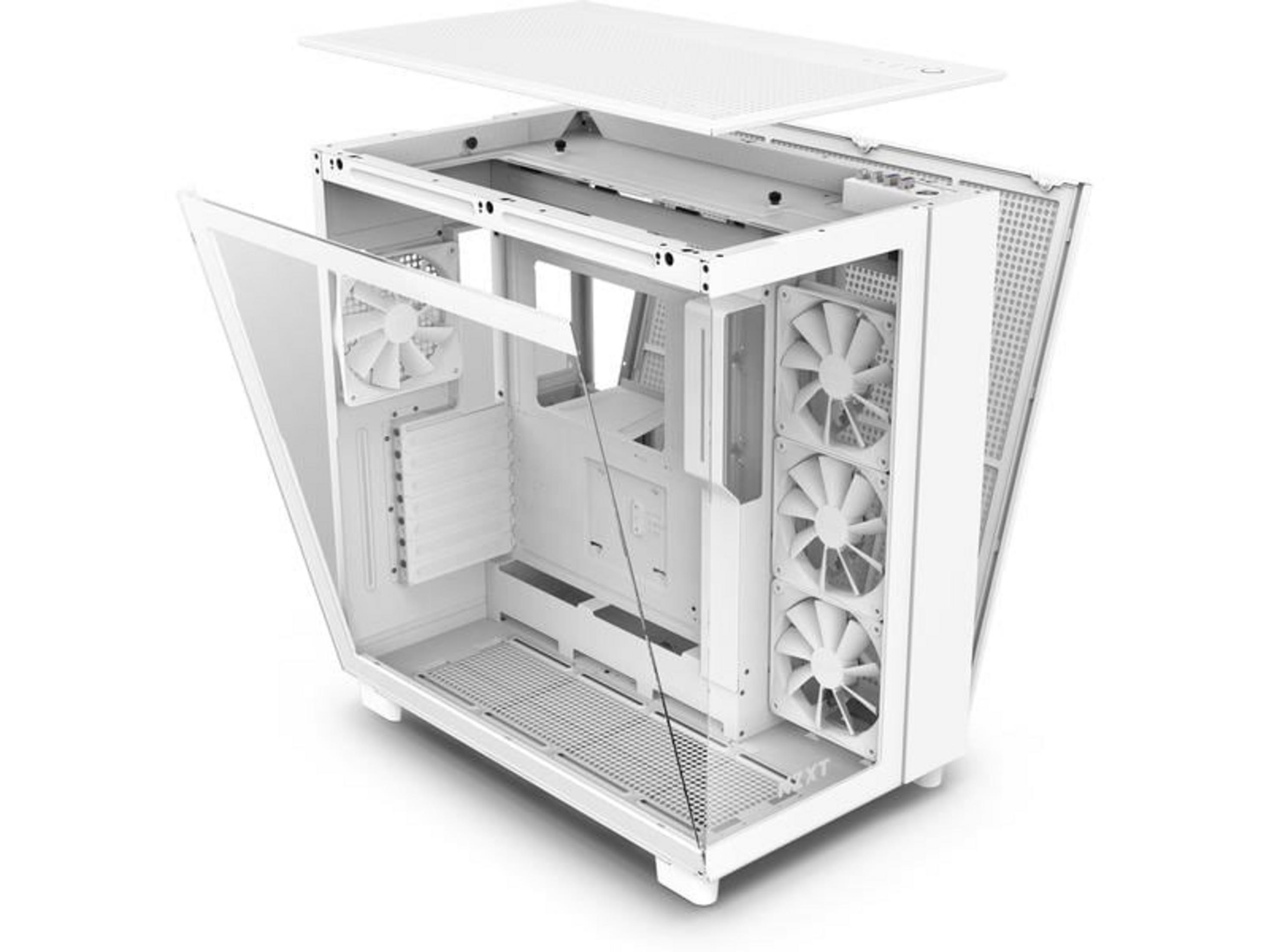 Ein weißer Computergehäuse-Rahmen mit Lüftern und offenem Deckel.