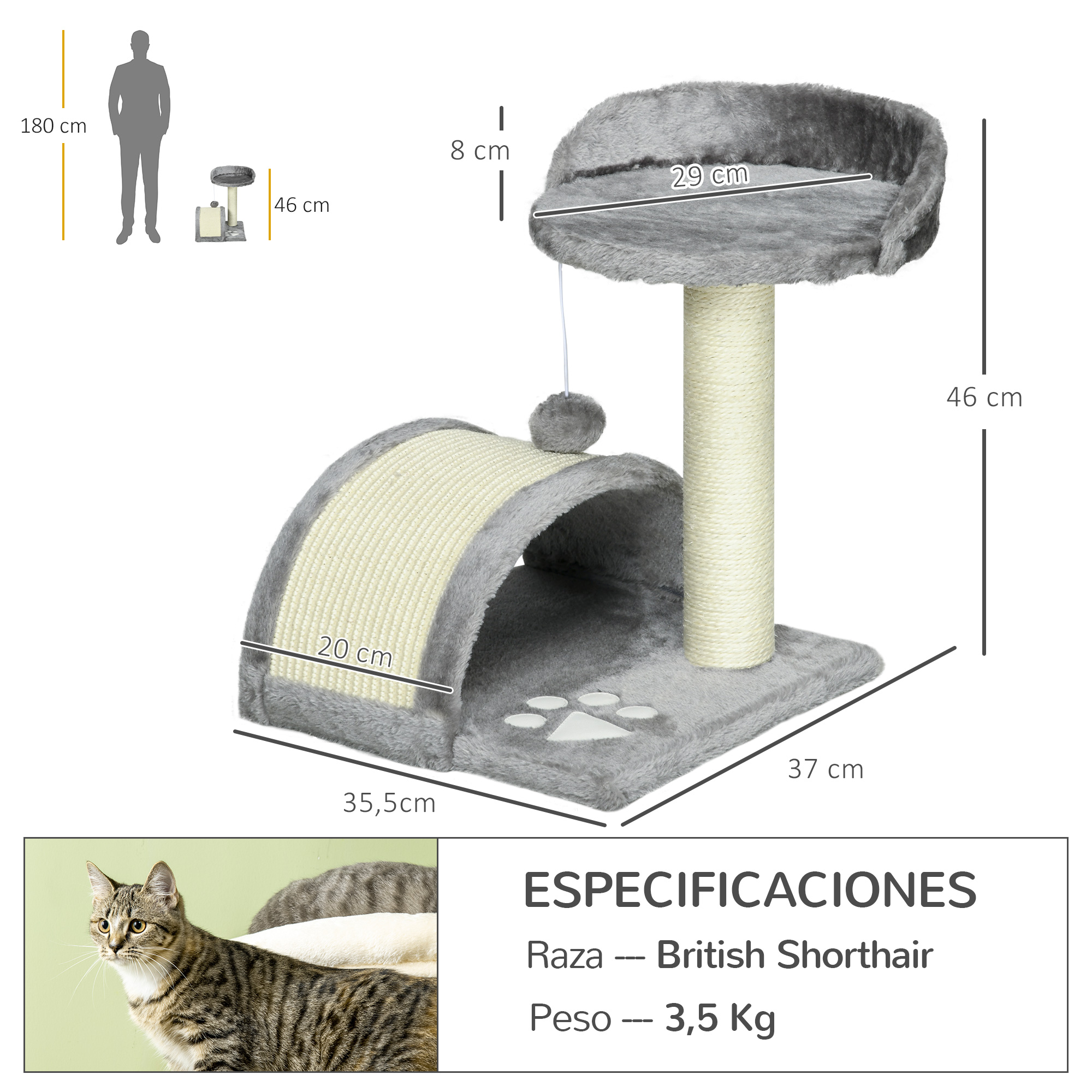 Rascador gris con cueva, plataforma y juguete. Se muestran las medidas.