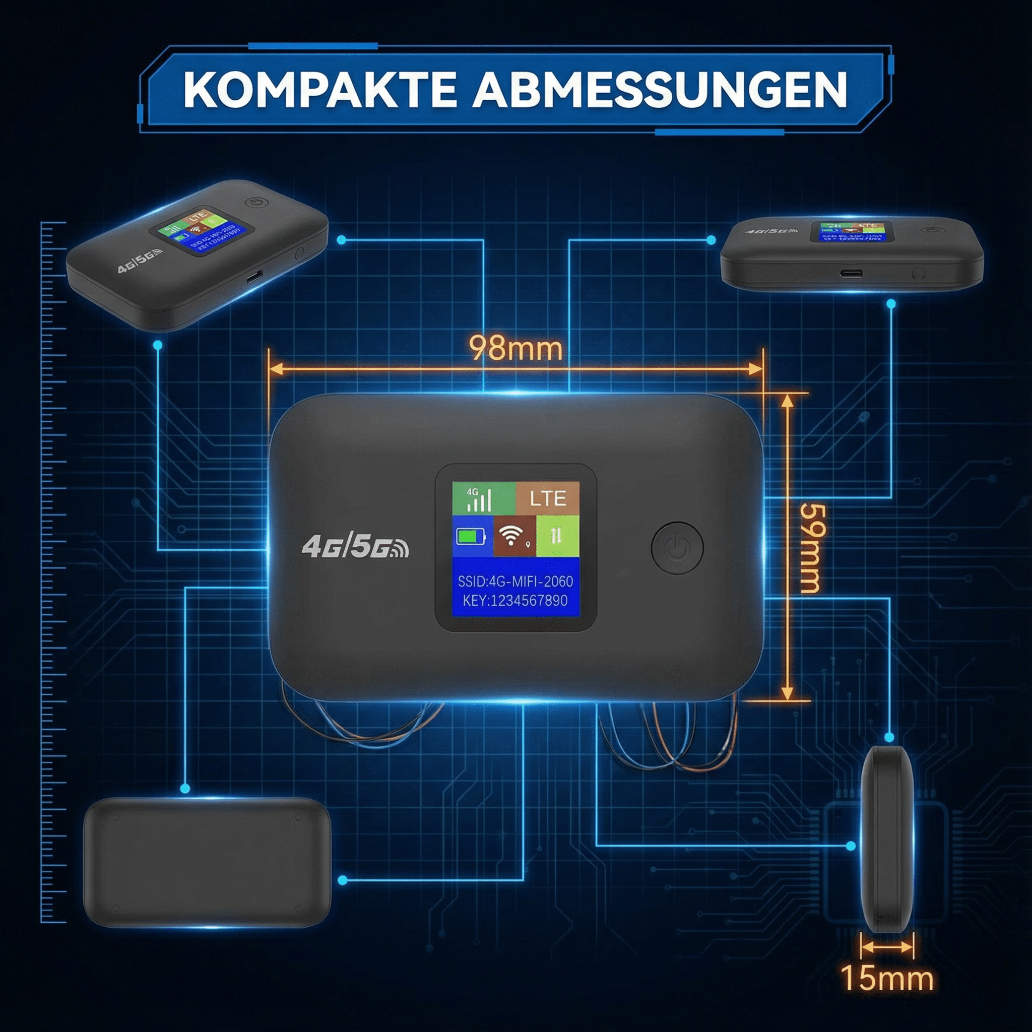 Ein schwarzer 4G/5G Mifi-Router mit Maßen 98x59x15mm. Anzeige zeigt LTE.