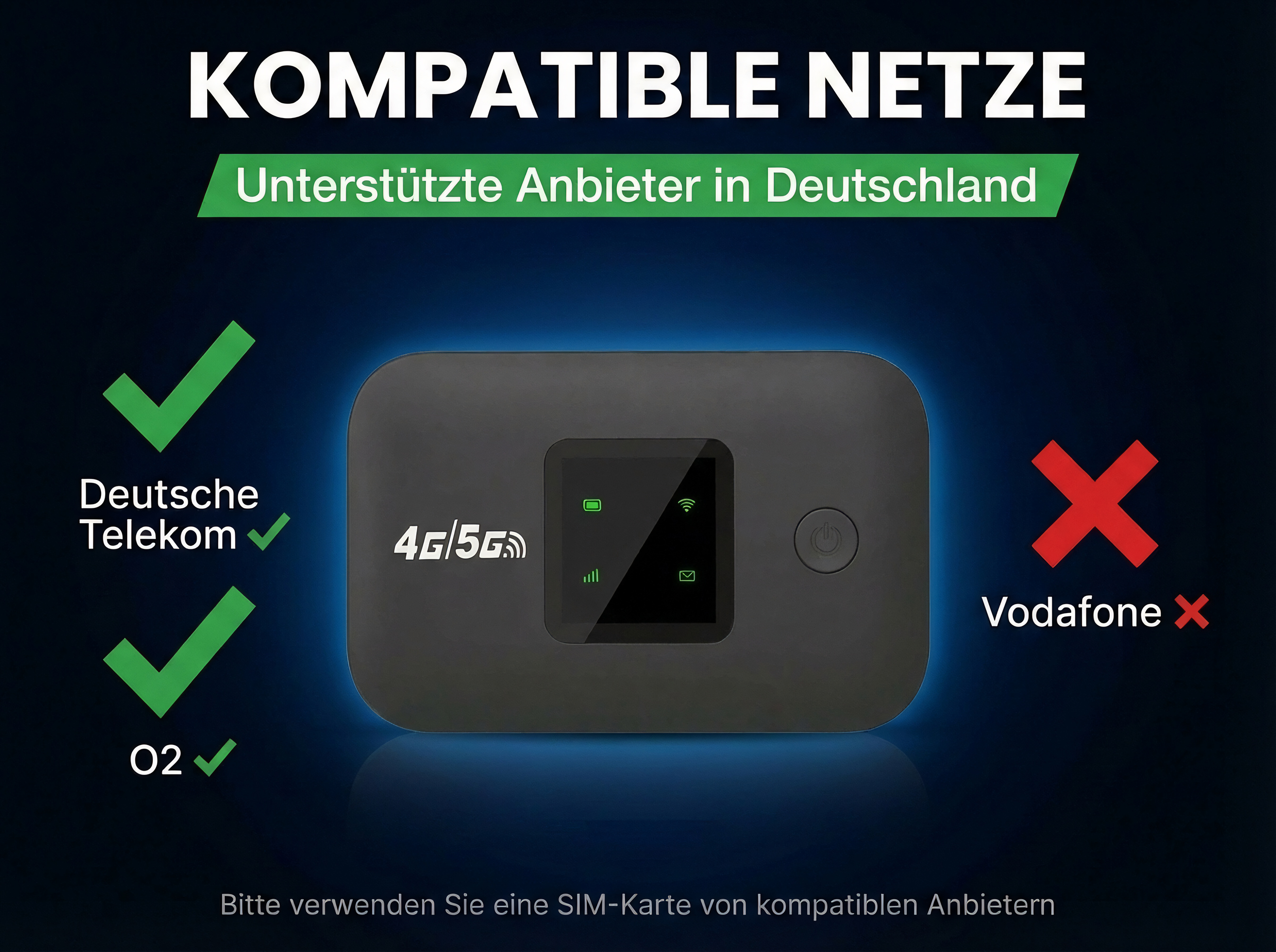 Ein 4G/5G Router mit unterstützten Anbietern: Telekom, O2. Vodafone nicht unterstützt.