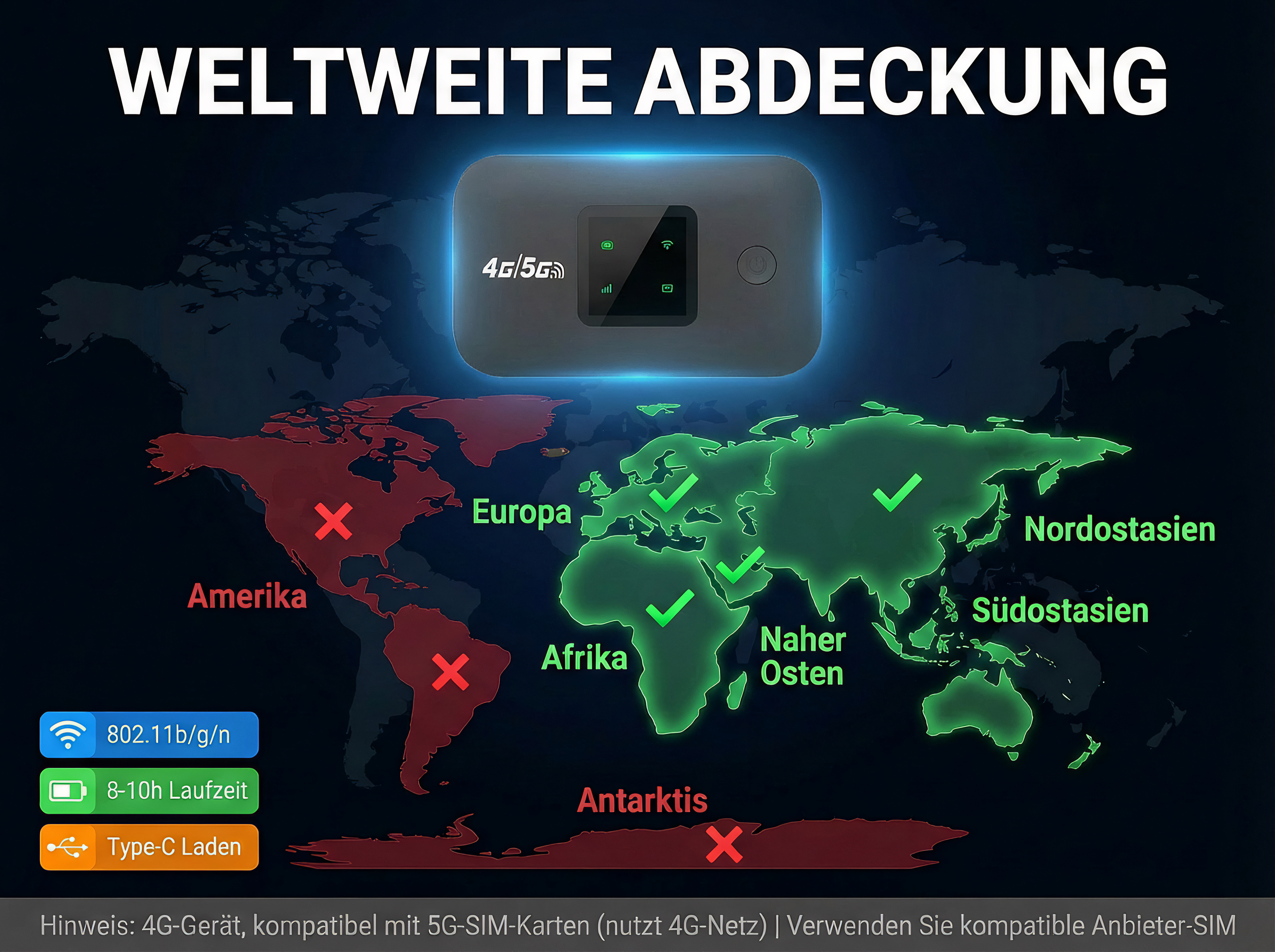 Weltkarte zeigt 4G/5G-Abdeckung. Amerika, Antarktis rot (X). Europa, Afrika, Naher Osten, Nord-/Südostasien grün (✓).