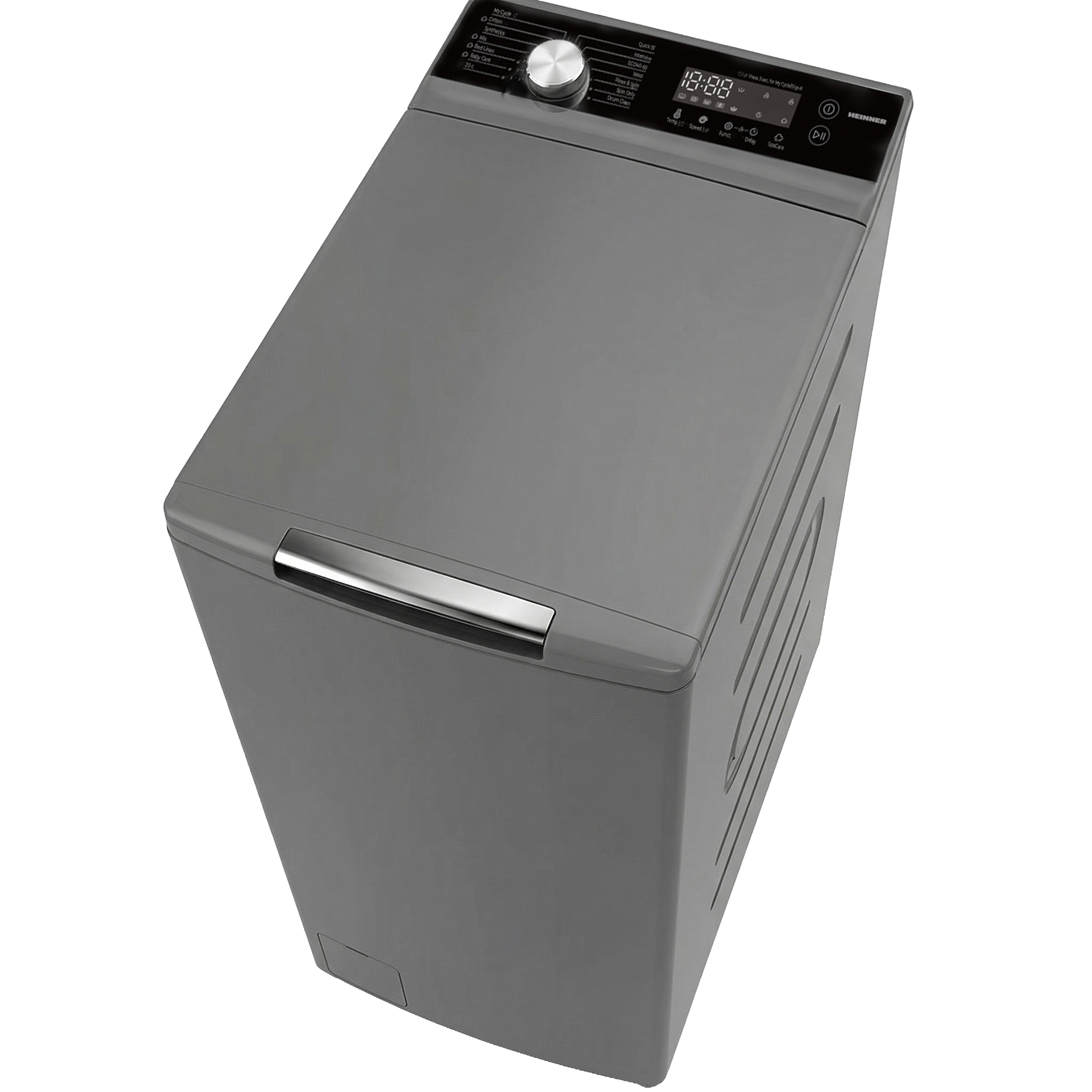 Grauer Toplader-Waschautomat mit digitaler Anzeige und Bedienfeld.