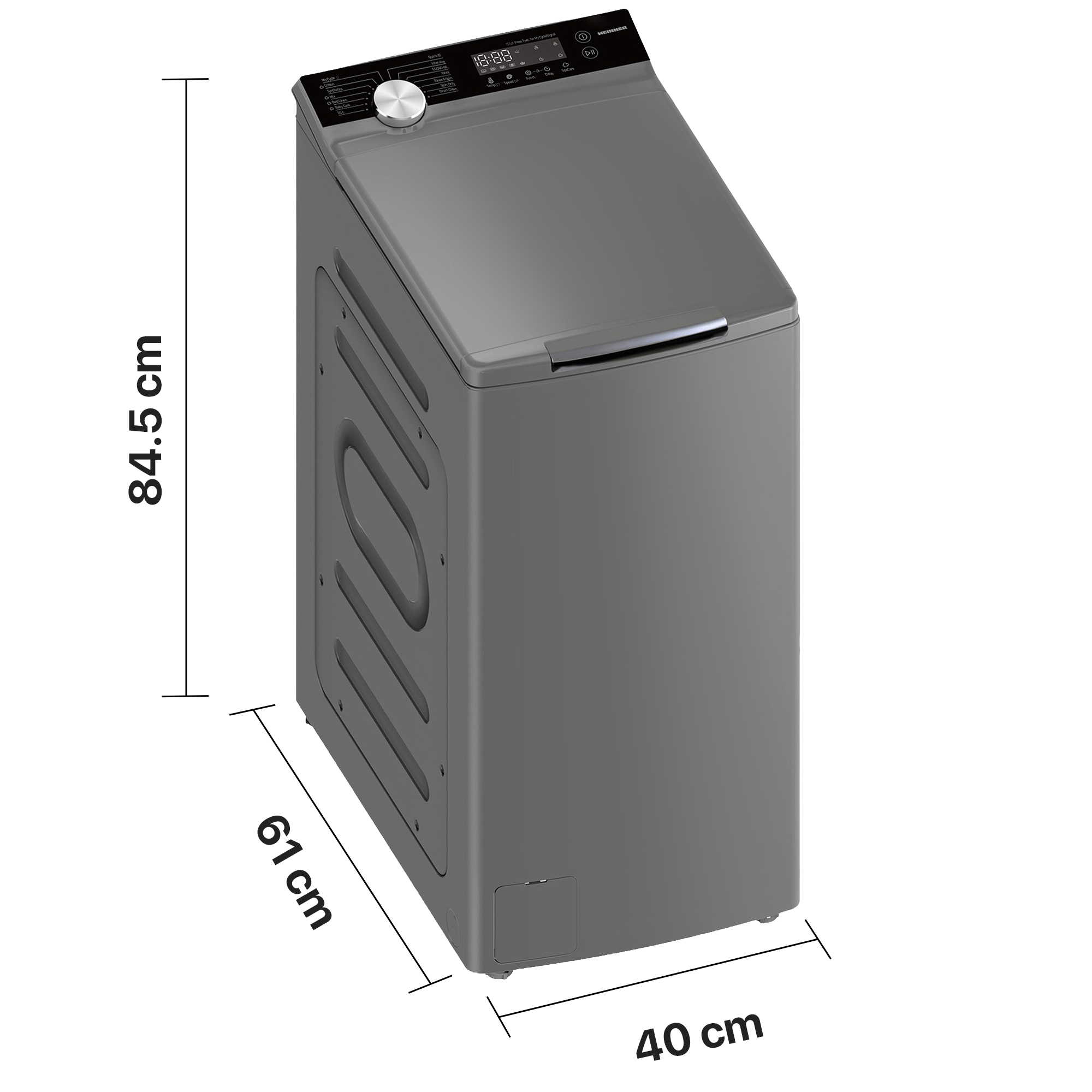Graue Waschmaschine mit Display und Maßangaben: 84,5 cm H, 61 cm B, 40 cm T.