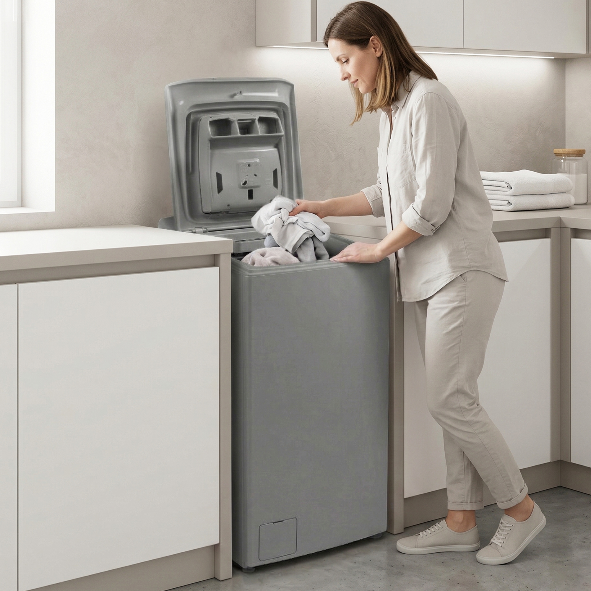 Eine Frau lädt Kleidung in eine graue Waschmaschine, im Hintergrund weiße Handtücher.