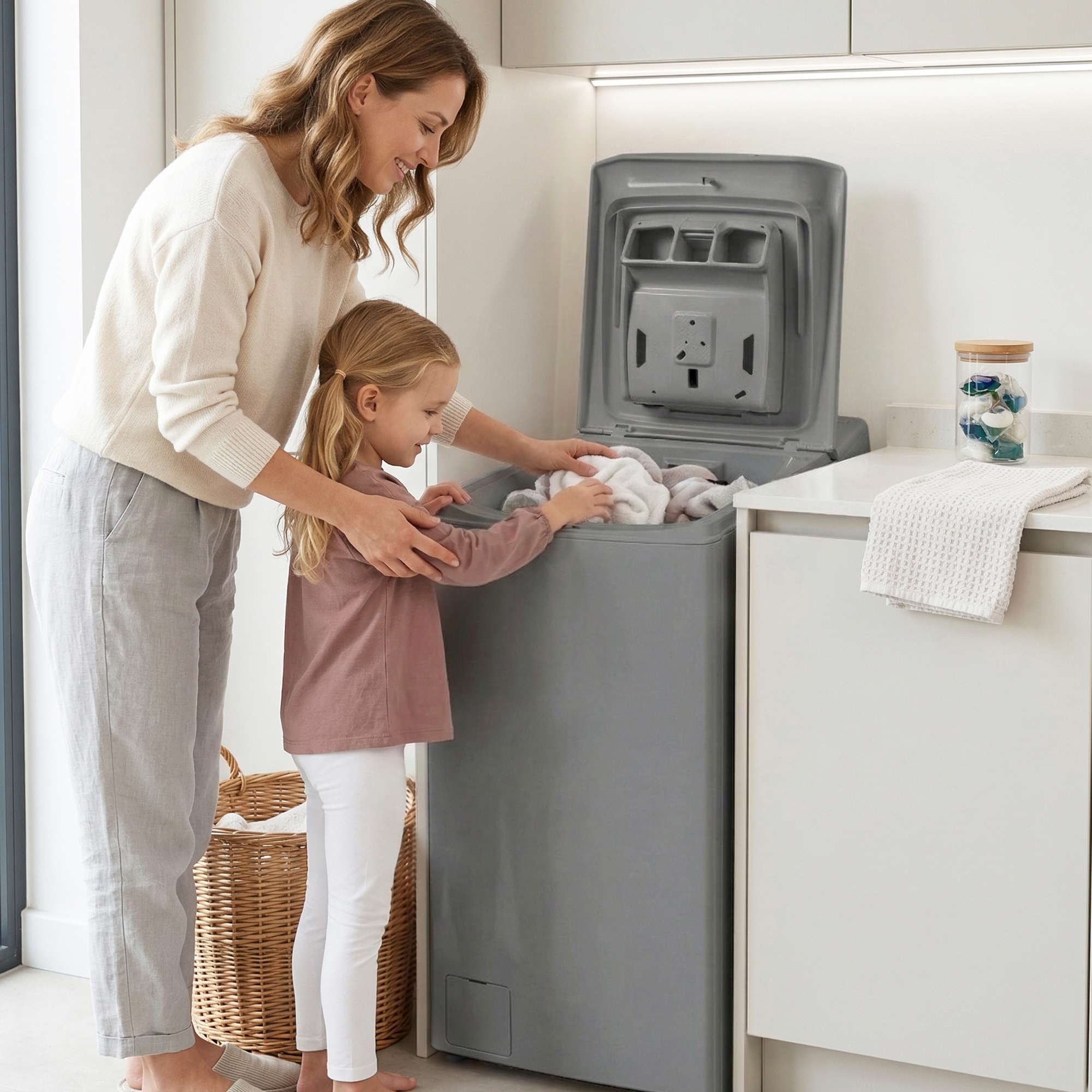 Mutter und Kind beladen Waschmaschine mit Wäsche in einem modernen Waschraum.