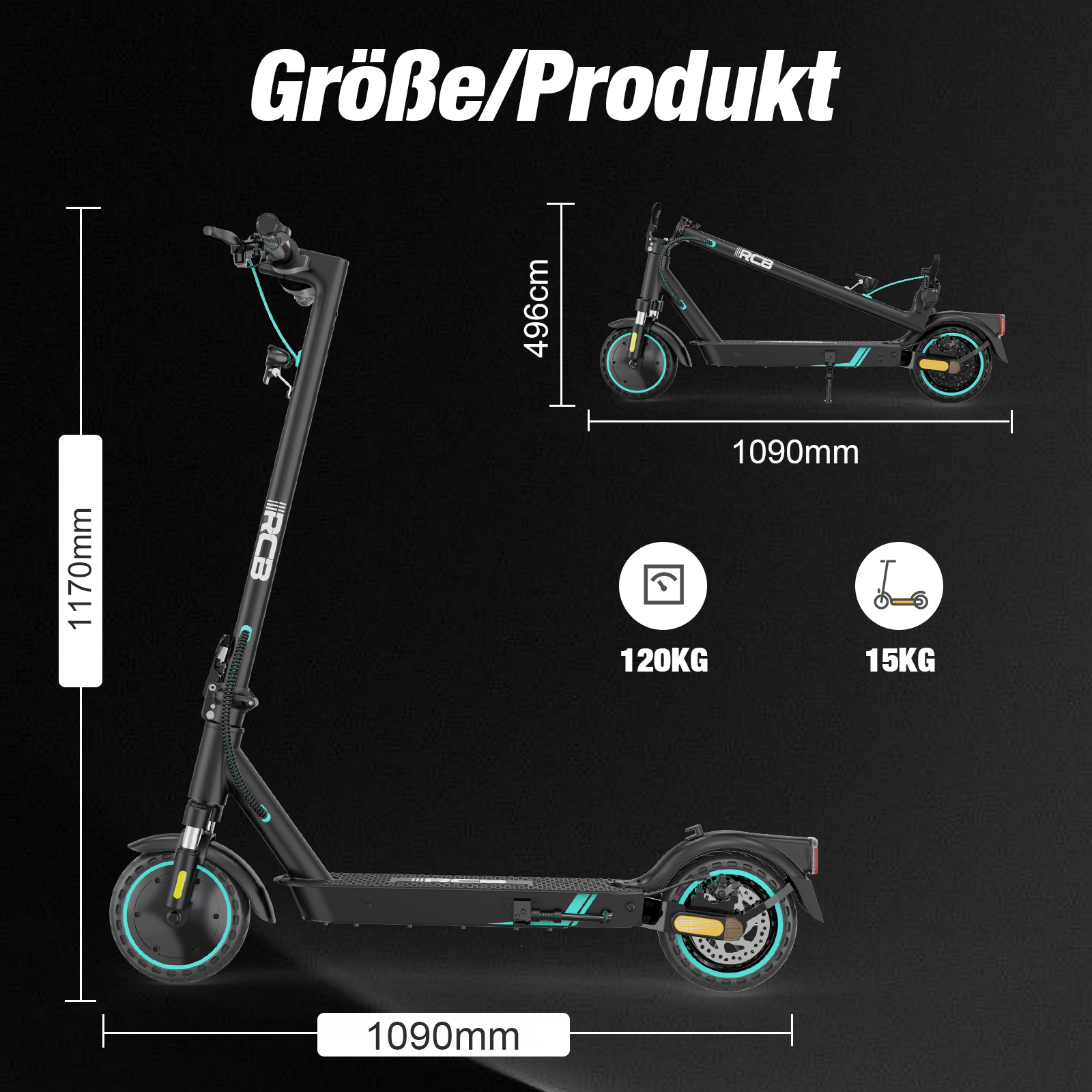Trottinette électrique noire avec accents bleus, 1170mm hauteur, 1090mm longueur.