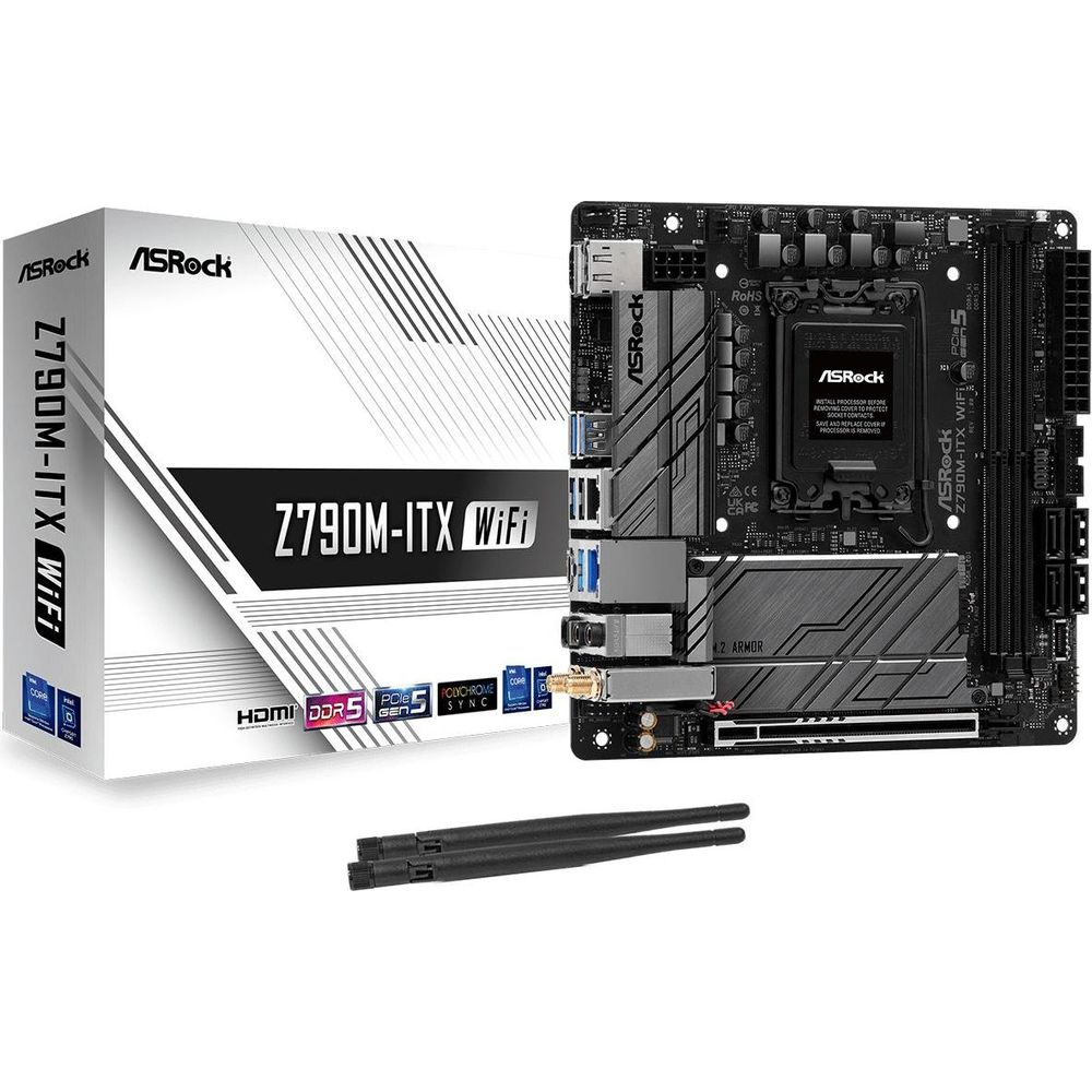 Płyta główna ASRock Z790M-ITX WiFi z pudełkiem i antenami.