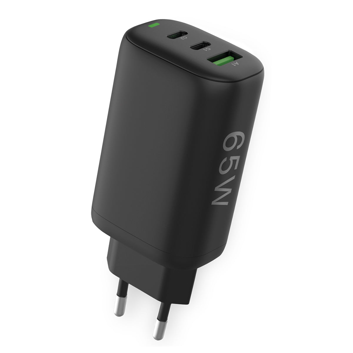 Schwarzes Ladegerät mit zwei USB-Anschlüssen und 65W-Aufschrift.