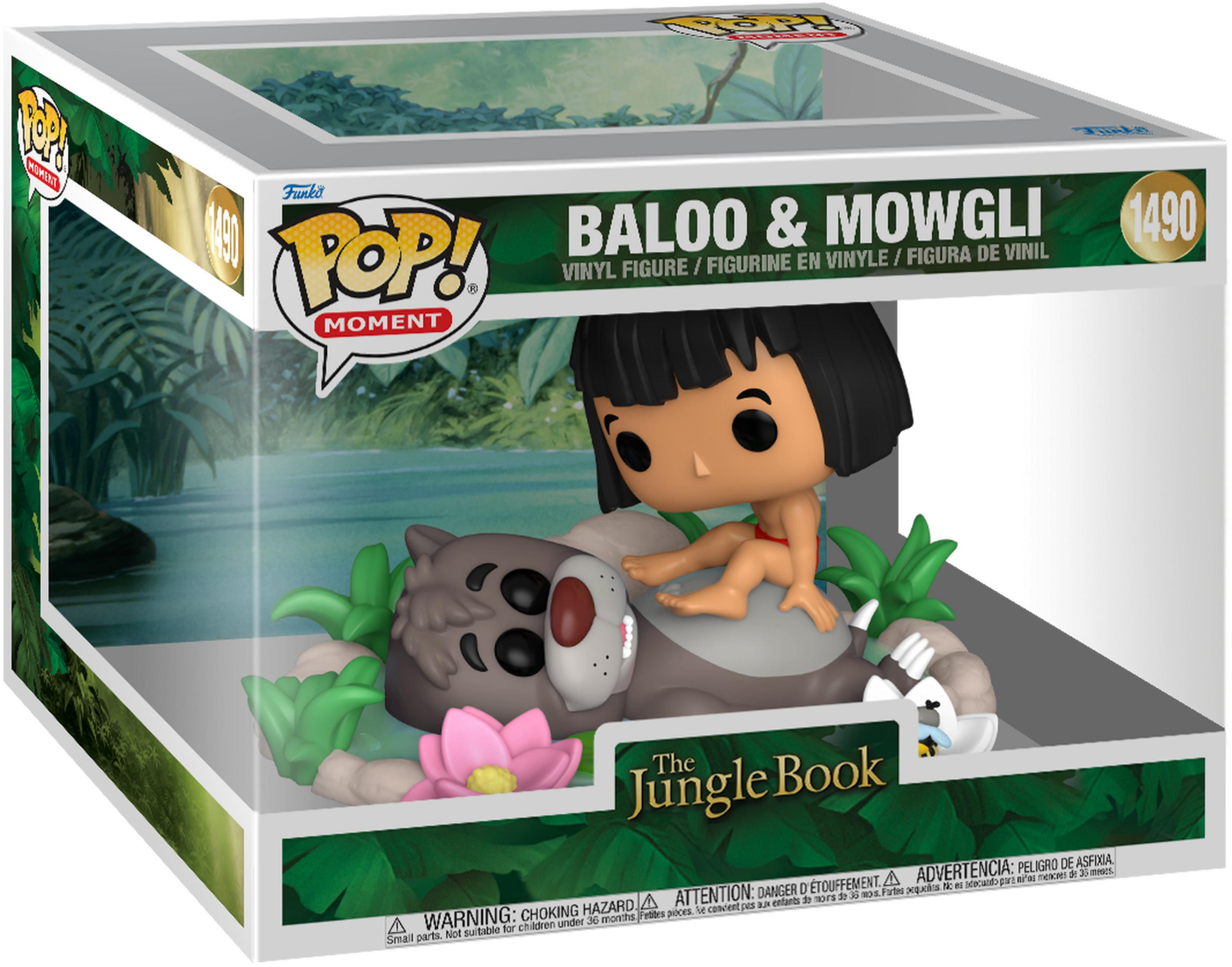 Action figure in vinile Funko Pop di Baloo e Mowgli in confezione giungla. Mowgli è seduto su Baloo.