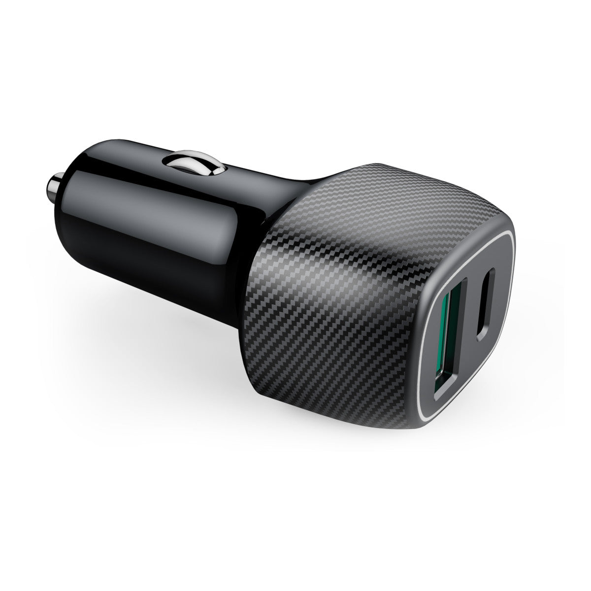 Schwarzer Auto-USB-Adapter mit Carbonfaser-Muster und zwei USB-Anschlüssen.