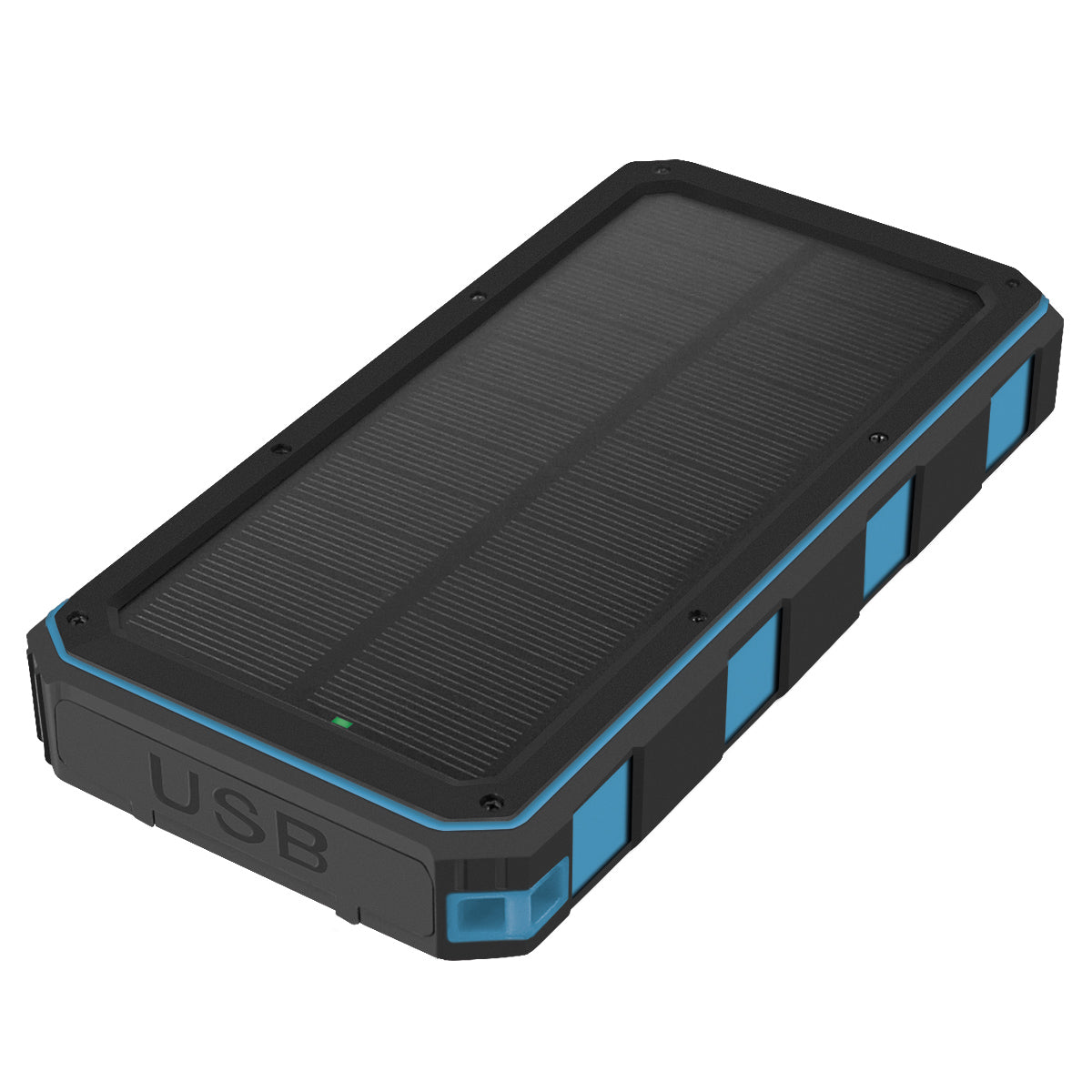 Schwarzes Solar-Ladegerät mit blauen Akzenten und USB-Anschluss.