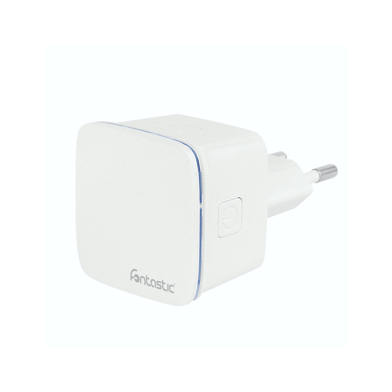 Ein weißer Netzstecker mit blauem Rand und einem Power-Symbol.