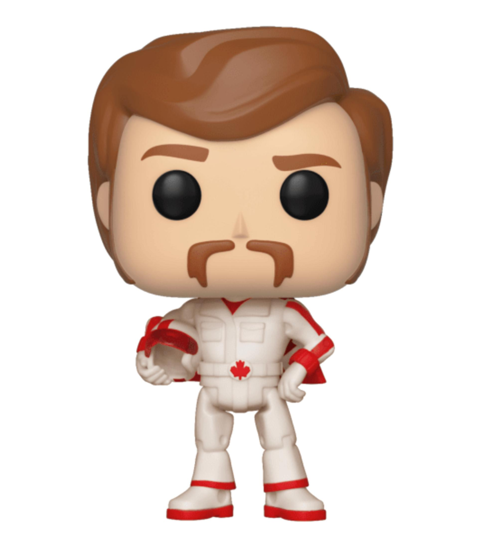 Ein Funko Pop! von Duke Caboom in einem weißen Anzug mit roten Akzenten und einem kanadischen Ahornblatt.