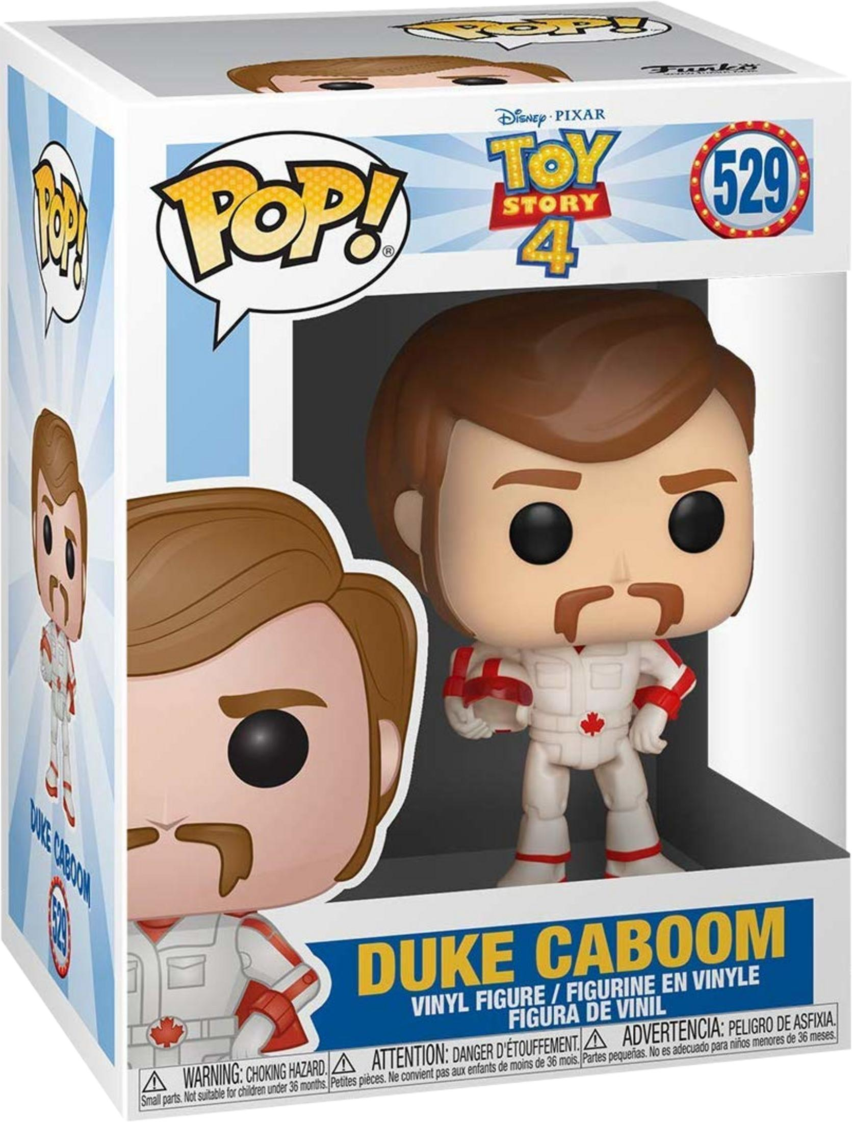 Funko Pop! Figur von Duke Caboom aus Toy Story 4, in weißem Stuntanzug mit roter Akzentuierung.