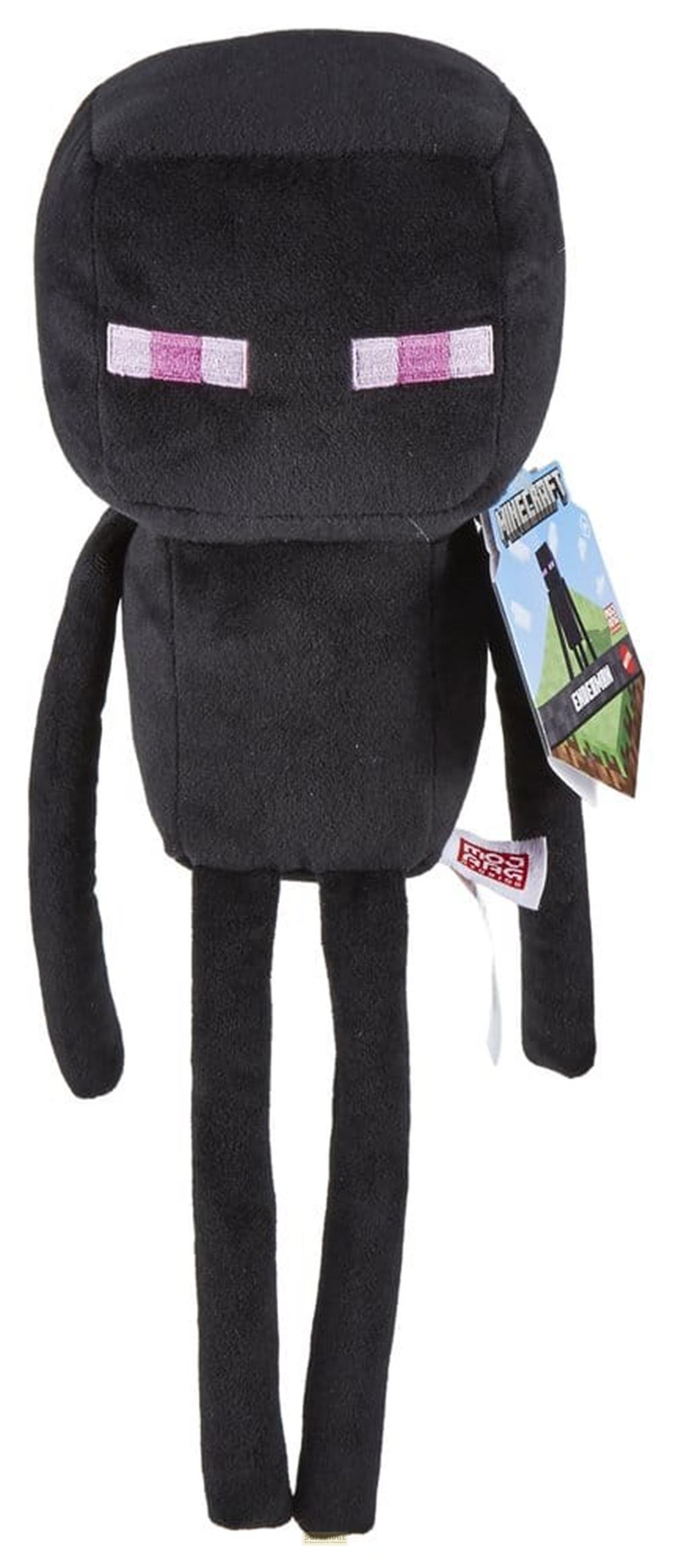 Ein schwarzes Minecraft Enderman-Plüschtier mit lila Augen und einem Anhänger.
