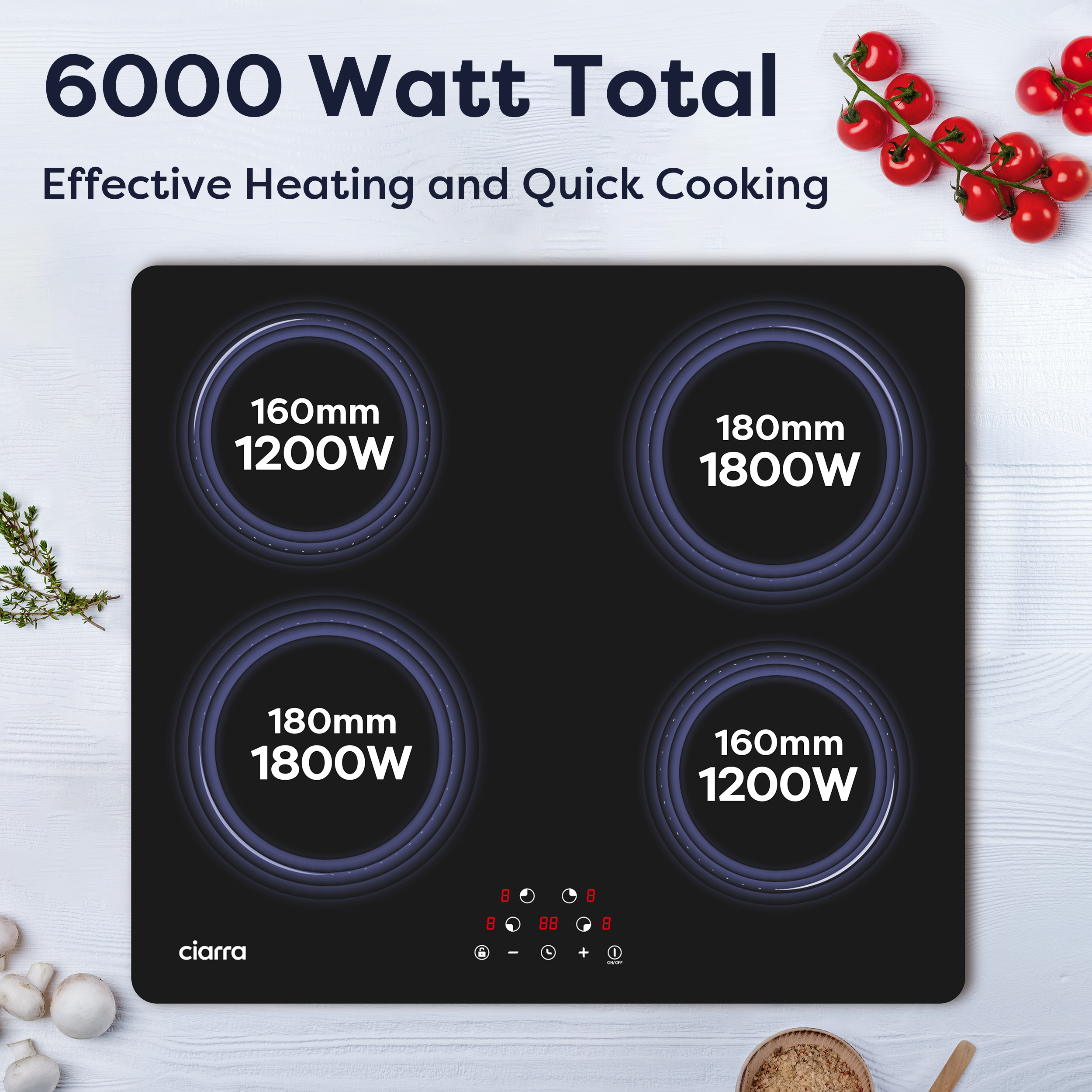 Elektrisch kookplatform met vier kookzones, 6000W totaalvermogen. Met kerstomaatjes.