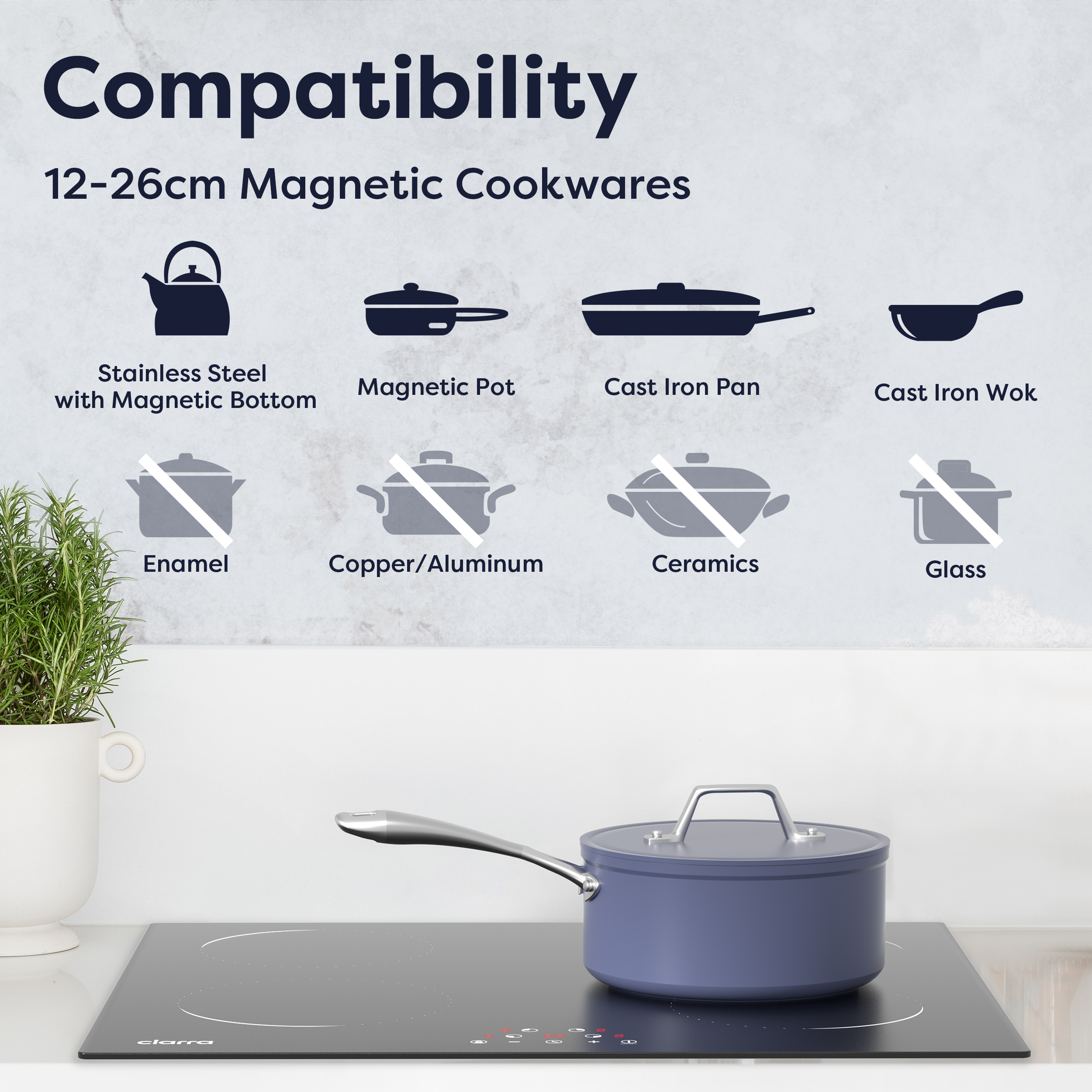 Potcompatibiliteit: magnetische bodems ok, emaille/keramiek niet ok.