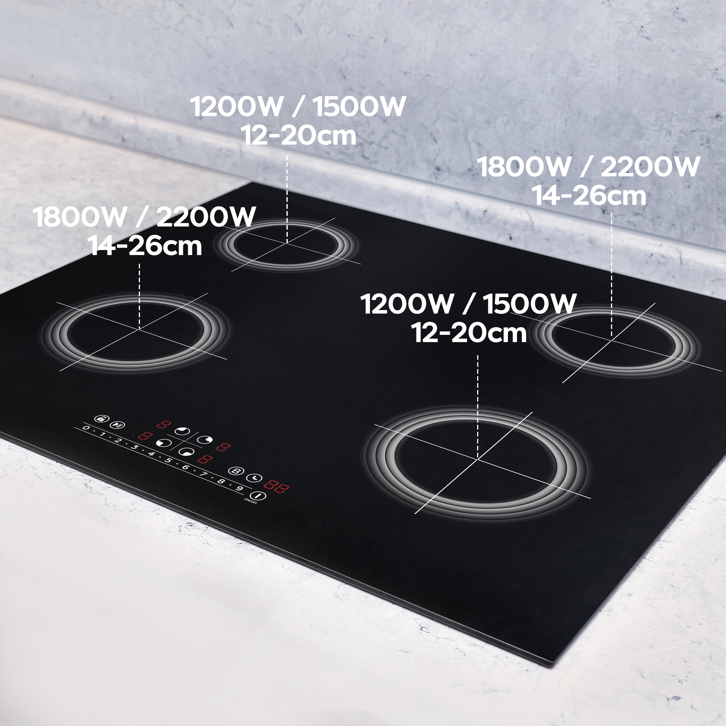 Black ceramic hob with four cooking zones and digital controls.