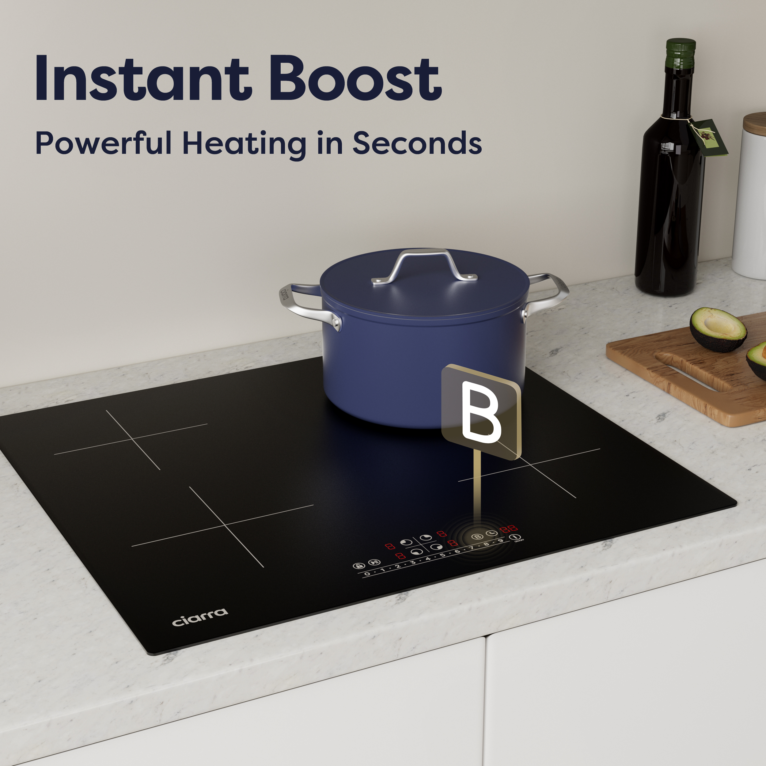 An induction hob with a blue pot, avocado, and bottle.