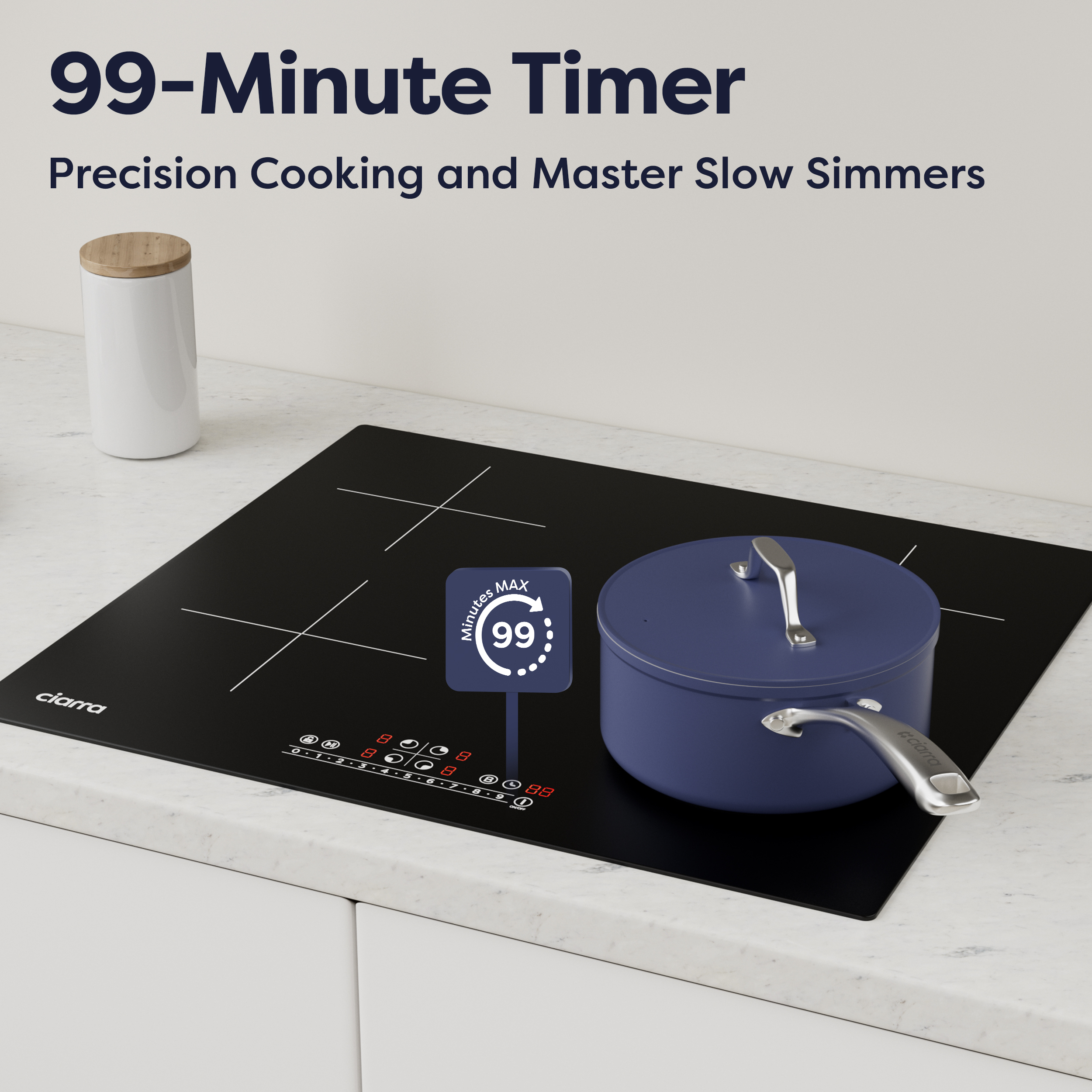Black induction hob with blue pot and timer display. 99-minute timer.