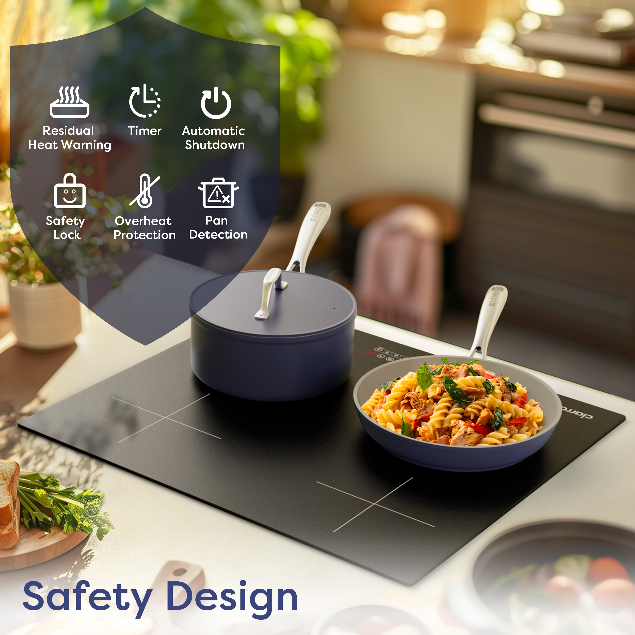 Induction cooktop with cookware and pasta. Safety features highlighted.