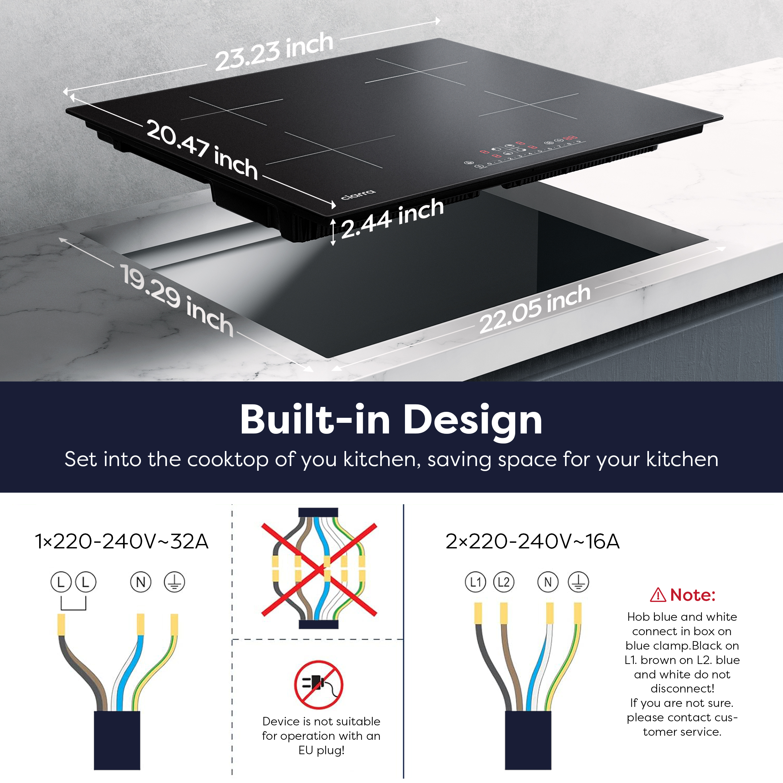 Built-in induction hob with dimensions and wiring diagrams.