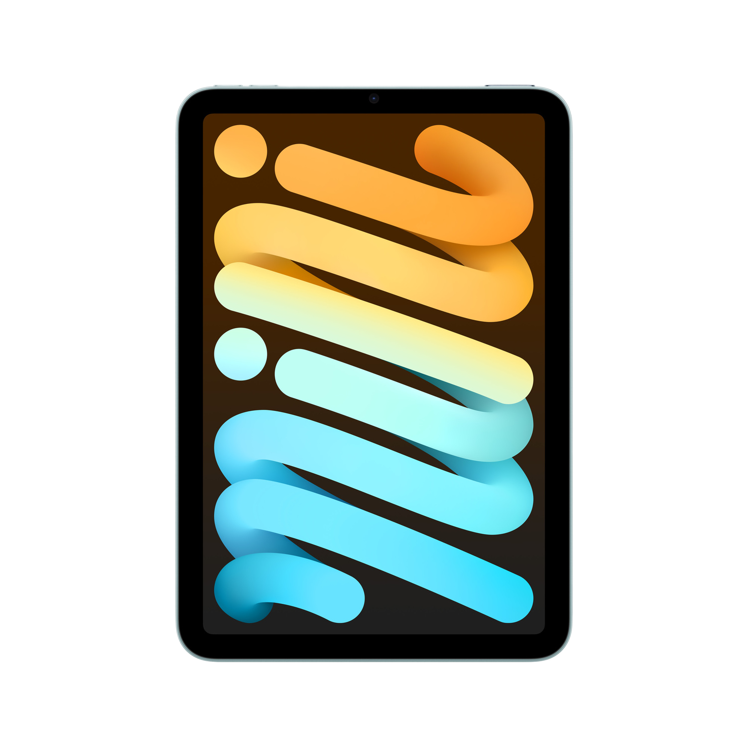 Jasnozielony tablet z falistym, abstrakcyjnym wzorem w kolorach pomarańczowym i niebieskim.