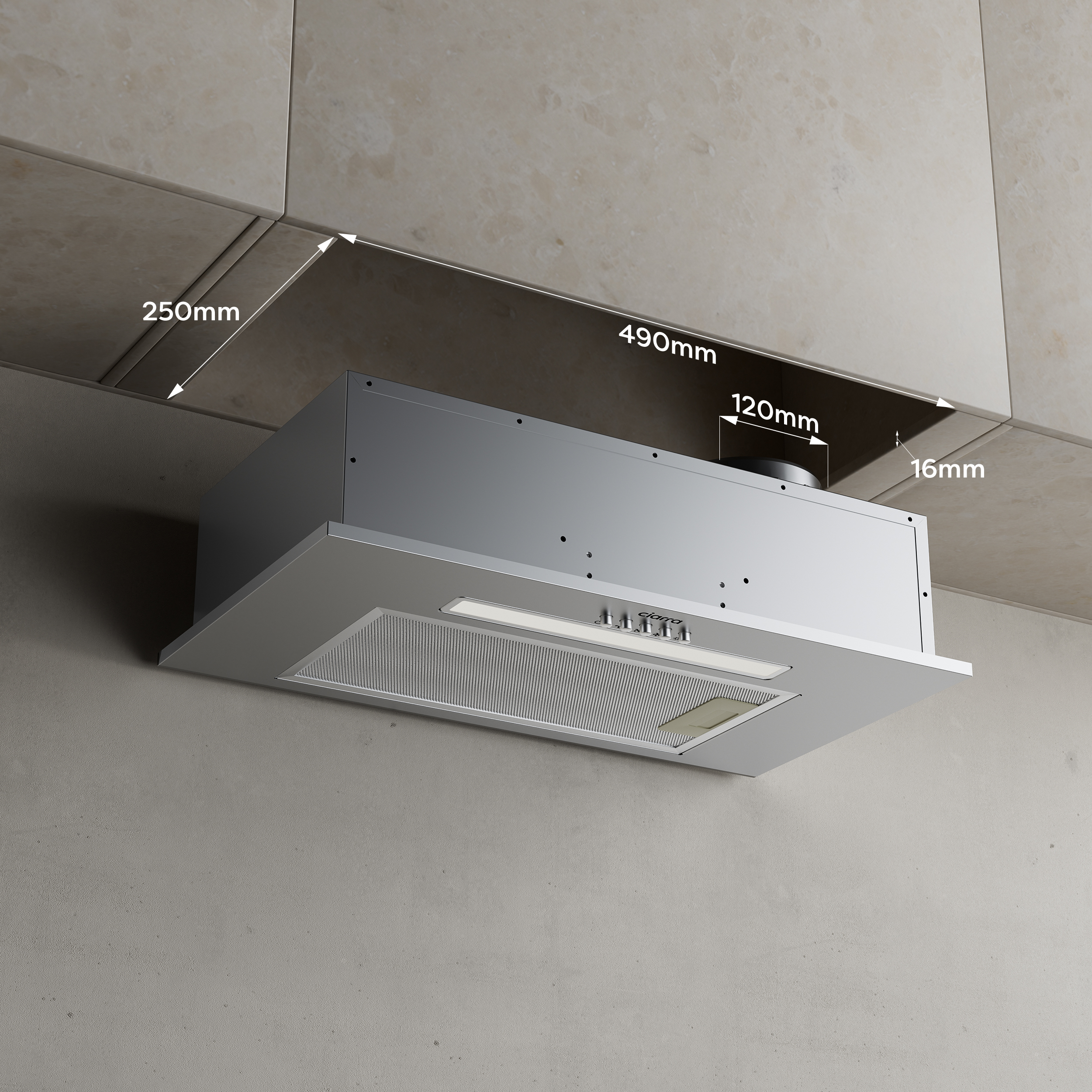Stainless steel range hood under marble tiles, with dimensions shown.