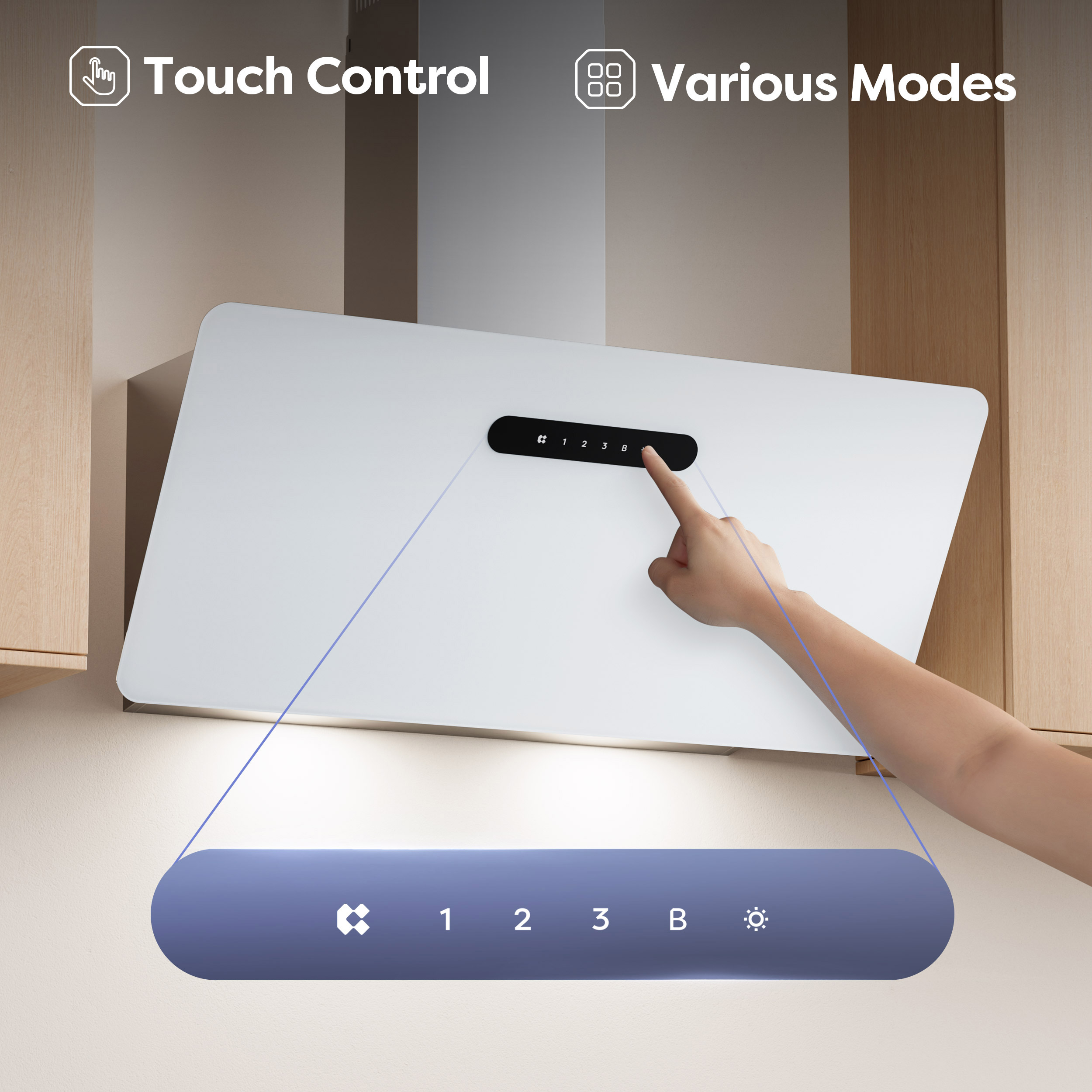 A hand touches the control panel of a white range hood with numbers and symbols.