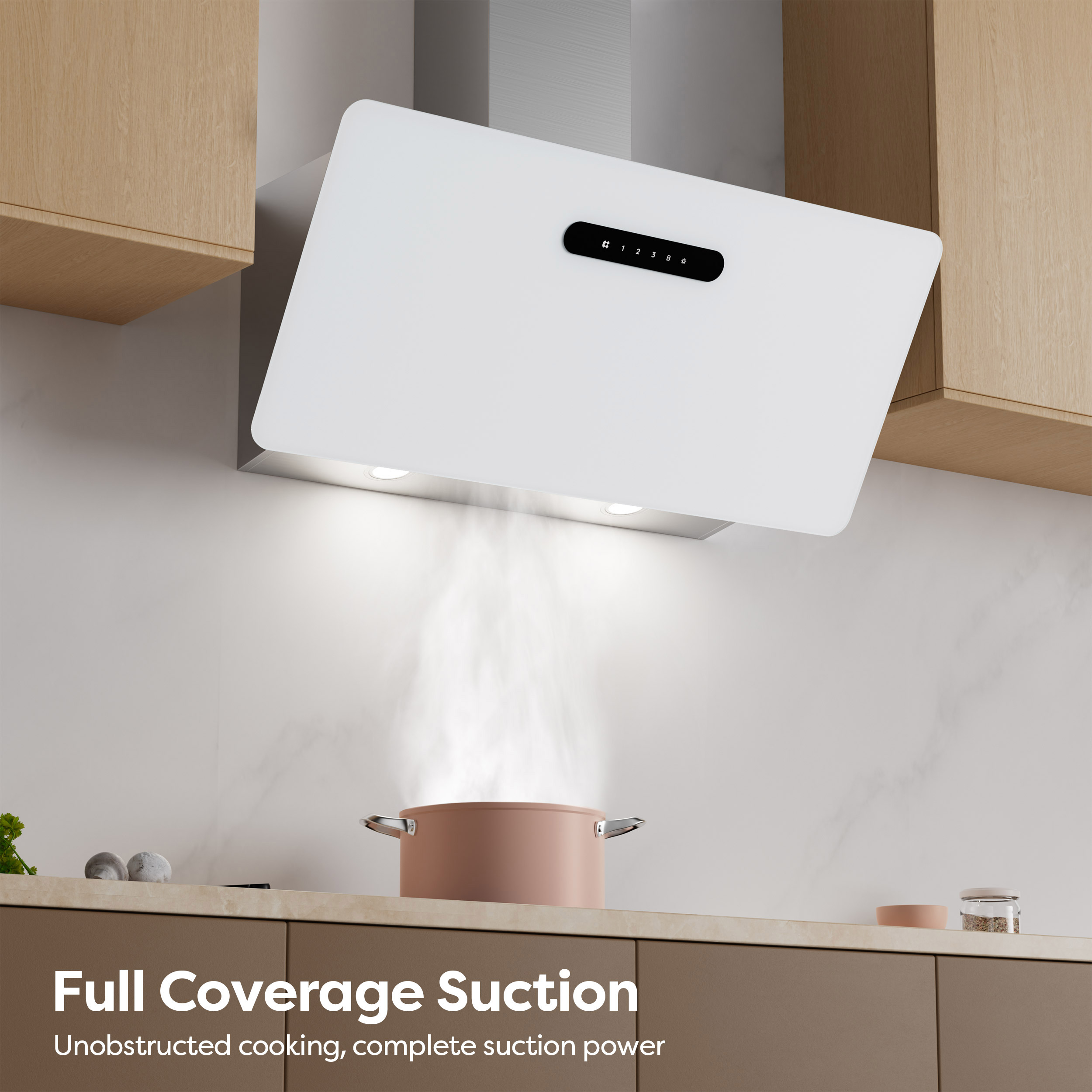 A white range hood above a pot with steam rising from it.