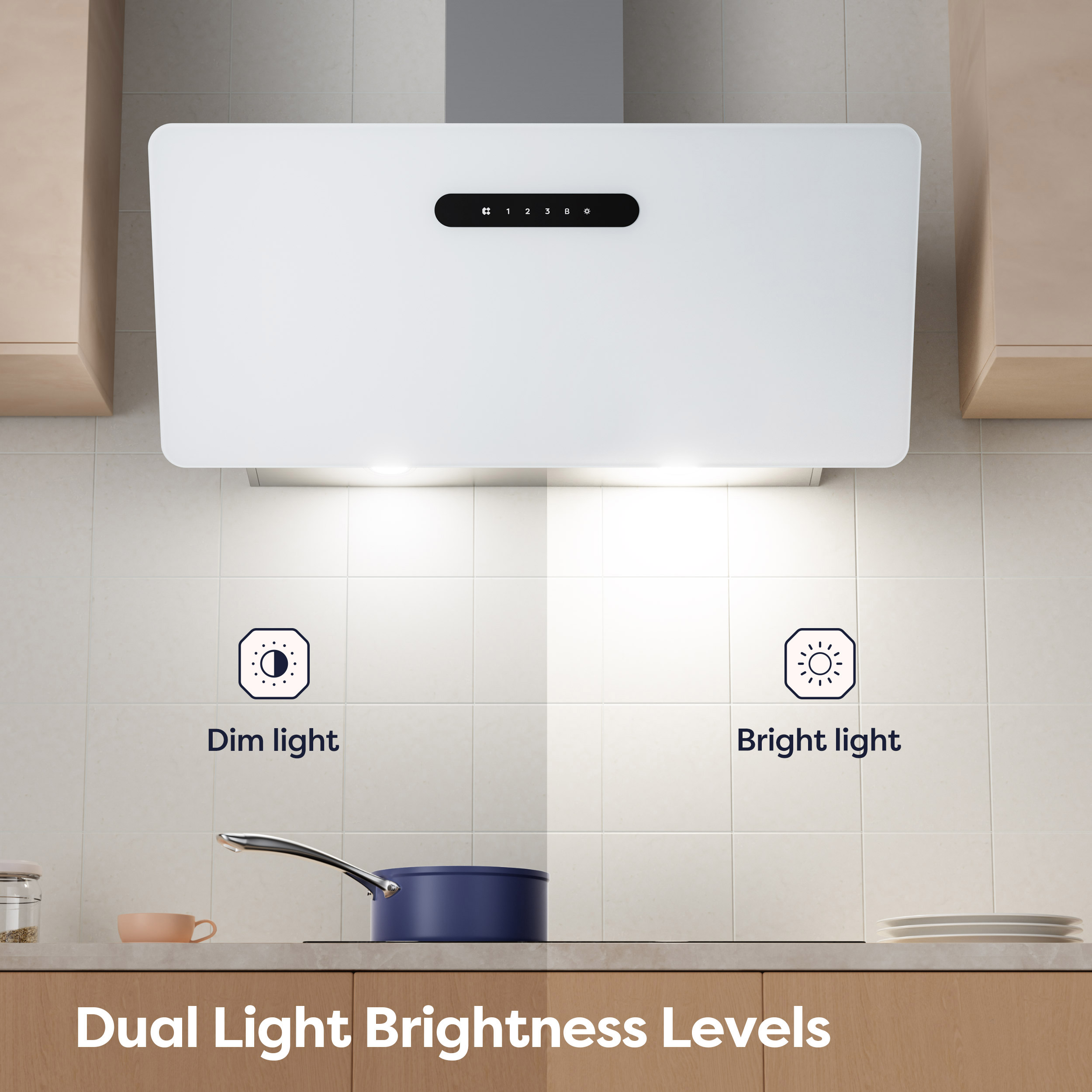 A white range hood over a cooktop with a blue pot. Icons show light levels.
