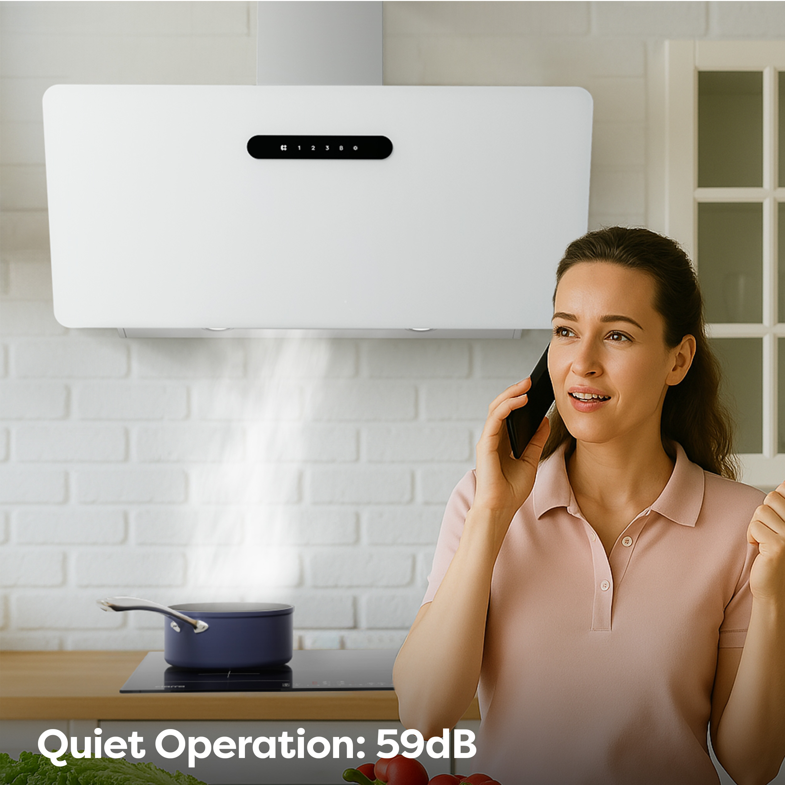 A woman talks on the phone in a kitchen as steam rises from a pot.