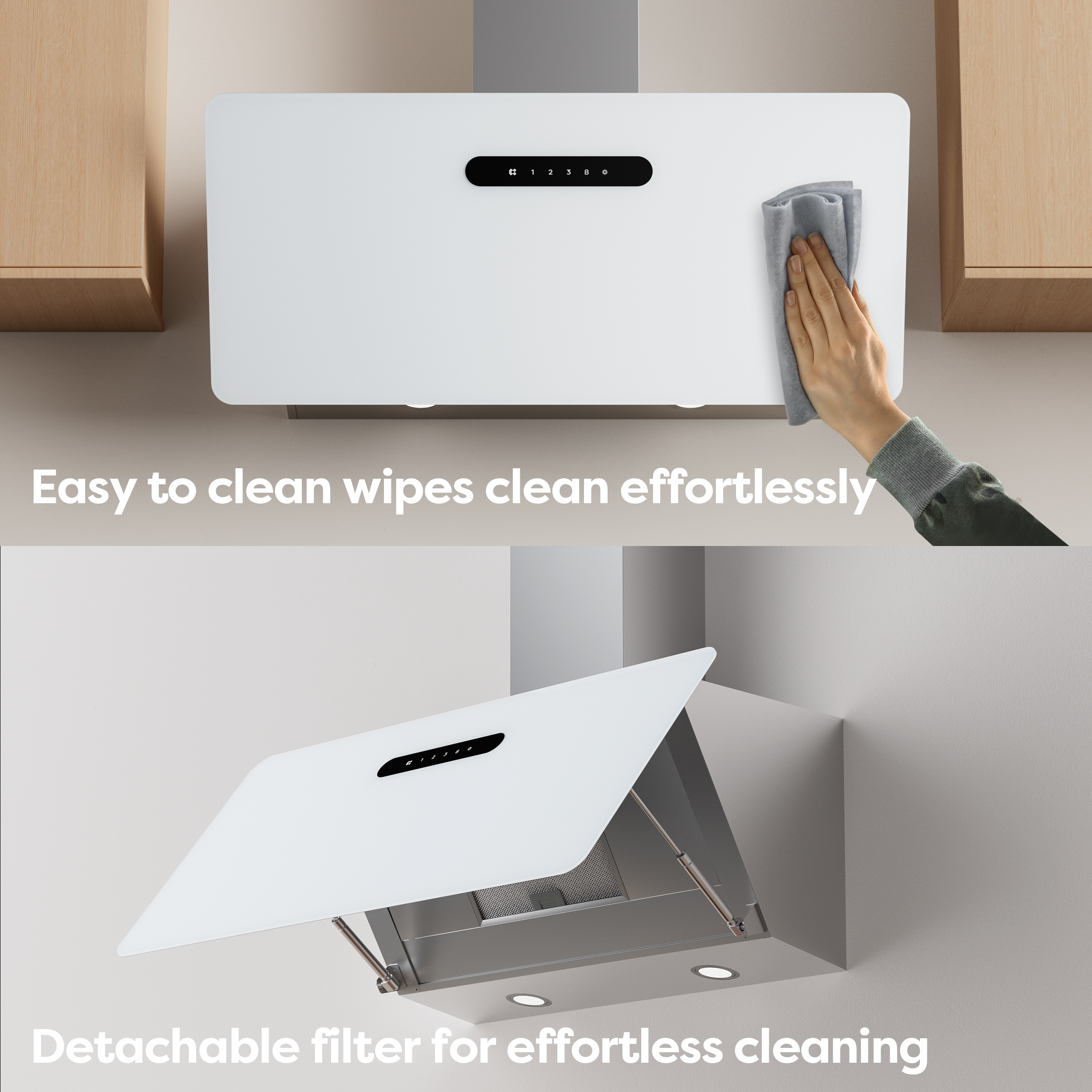 A hand wipes a white range hood with a gray cloth.