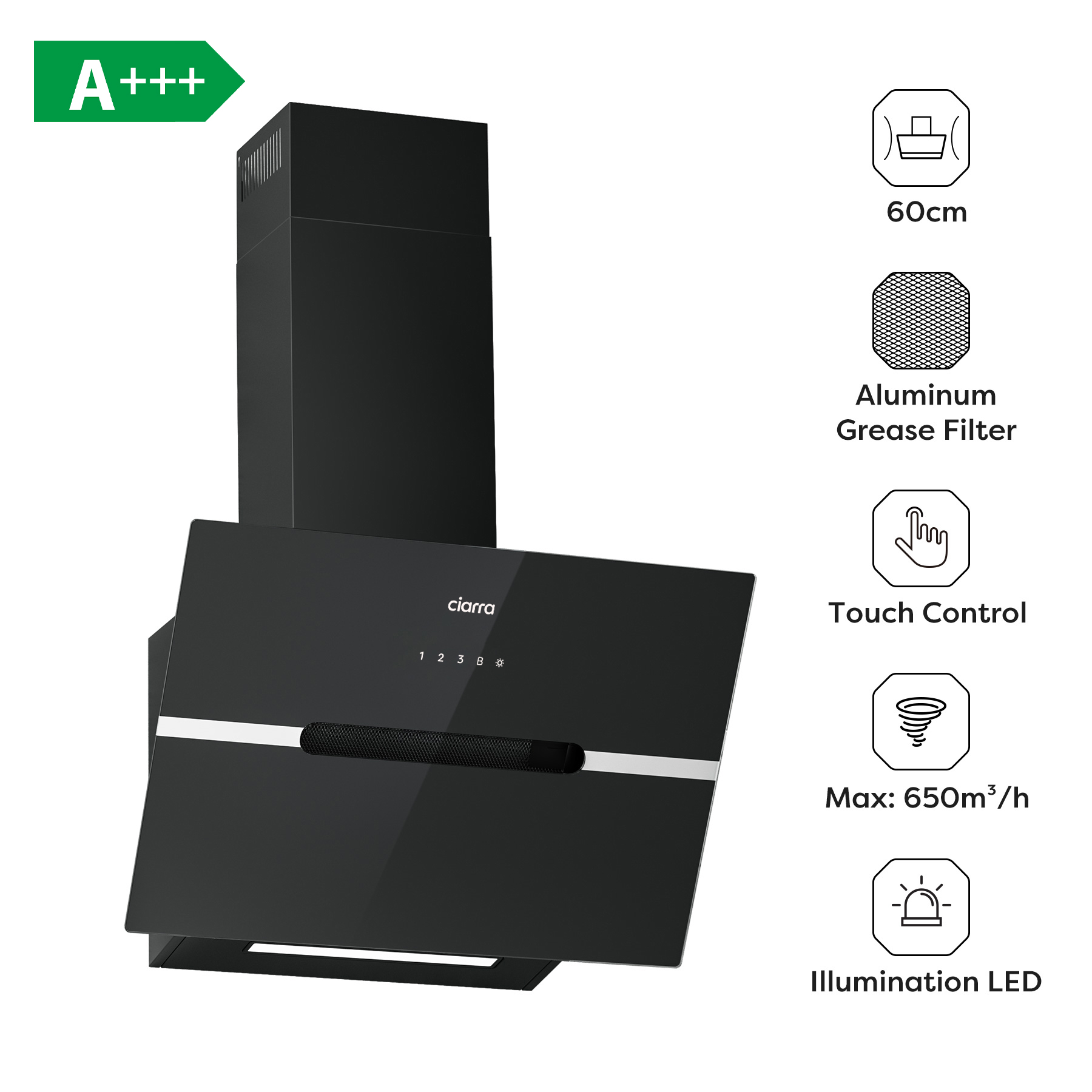 Schwarzer Dunstabzugshaube mit Touch-Bedienfeld und Energieeffizienz A+++.