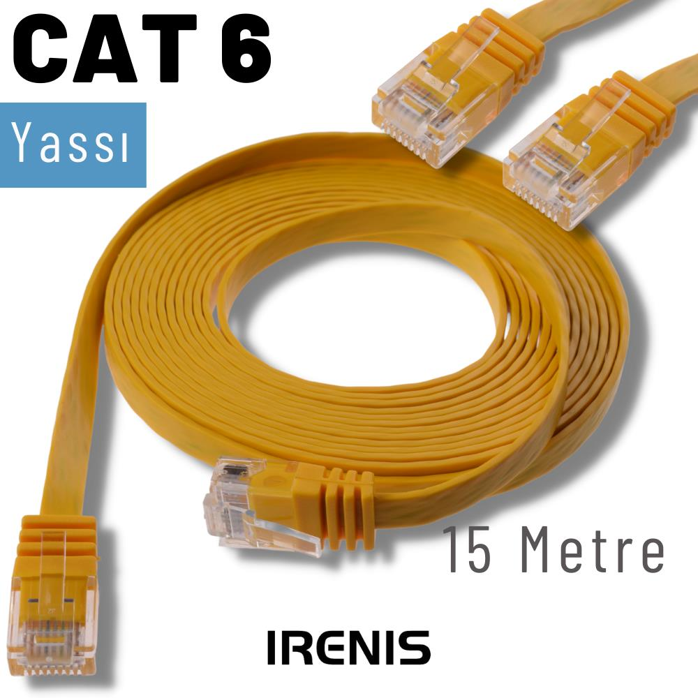 Düz, sarı CAT 6 ağ kablosu RJ45 konektörlü, 15 metre uzunluğunda.