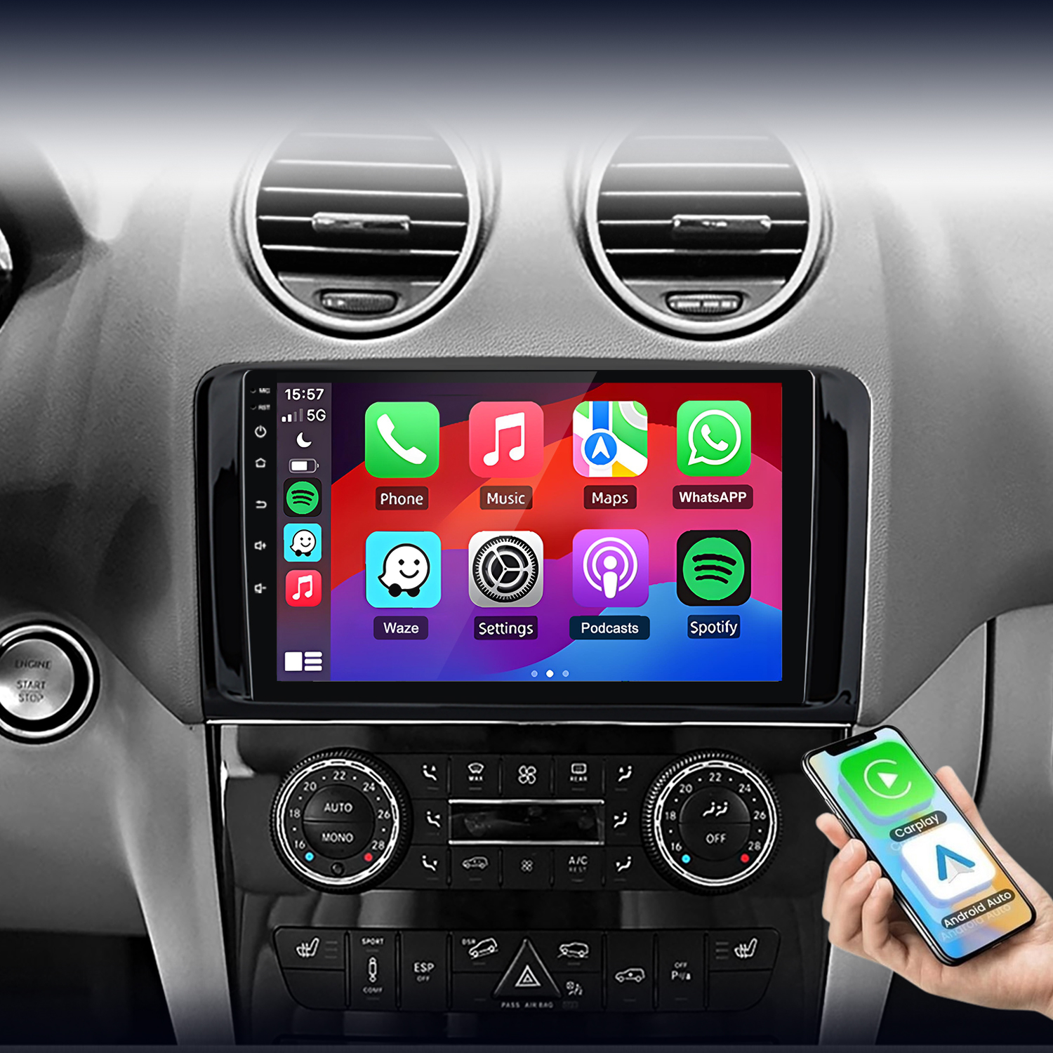 Auto-Infotainmentsystem mit Touchscreen, Smartphone und Lüftungsdüsen.