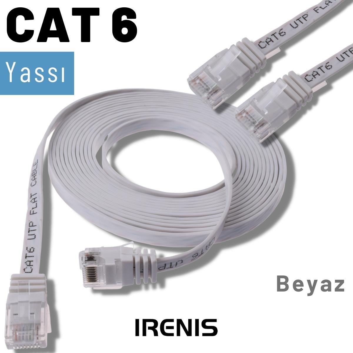 İki RJ45 konektörlü, sarılı beyaz CAT6 UTP yassı kablo.